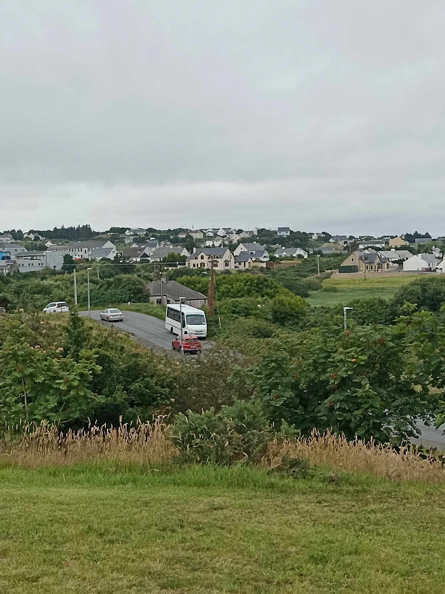 The image shows a panoramic view of a residential area in Doirí Beaga, Ireland. In the foreground, there is a grassy hill with some tall dried grass. A paved road runs through the middle ground, with a white bus, a silver car, and a red car on it. Numerous houses with white and grey exteriors and grey roofs are scattered across the rolling hills in the background. The sky is overcast and cloudy, suggesting a typical Irish day. The overall impression is of a quiet, suburban landscape.