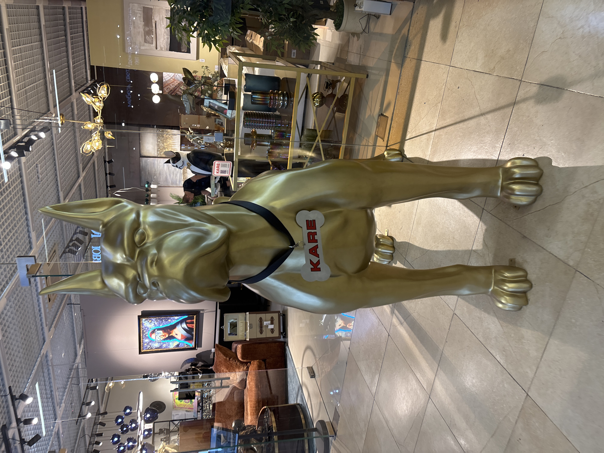 The image shows a large, golden statue of a dog in the foreground, positioned in the center of the frame. The dog statue has a tag on its collar that reads "KARE". The background suggests an indoor retail environment, possibly a furniture or home decor store, with various items like sofas, lamps, artwork, and display shelves visible. The floor is tiled. The store appears to be a KARE Design store, indicated by the name on the dog's tag and the style of the merchandise. The location is identified as Pokrovskoe, Russia, specifically within a KARE Design store, a chain known for its eclectic and eye-catching furniture and home accessories. The overall impression is of a well-lit commercial space showcasing decorative items.