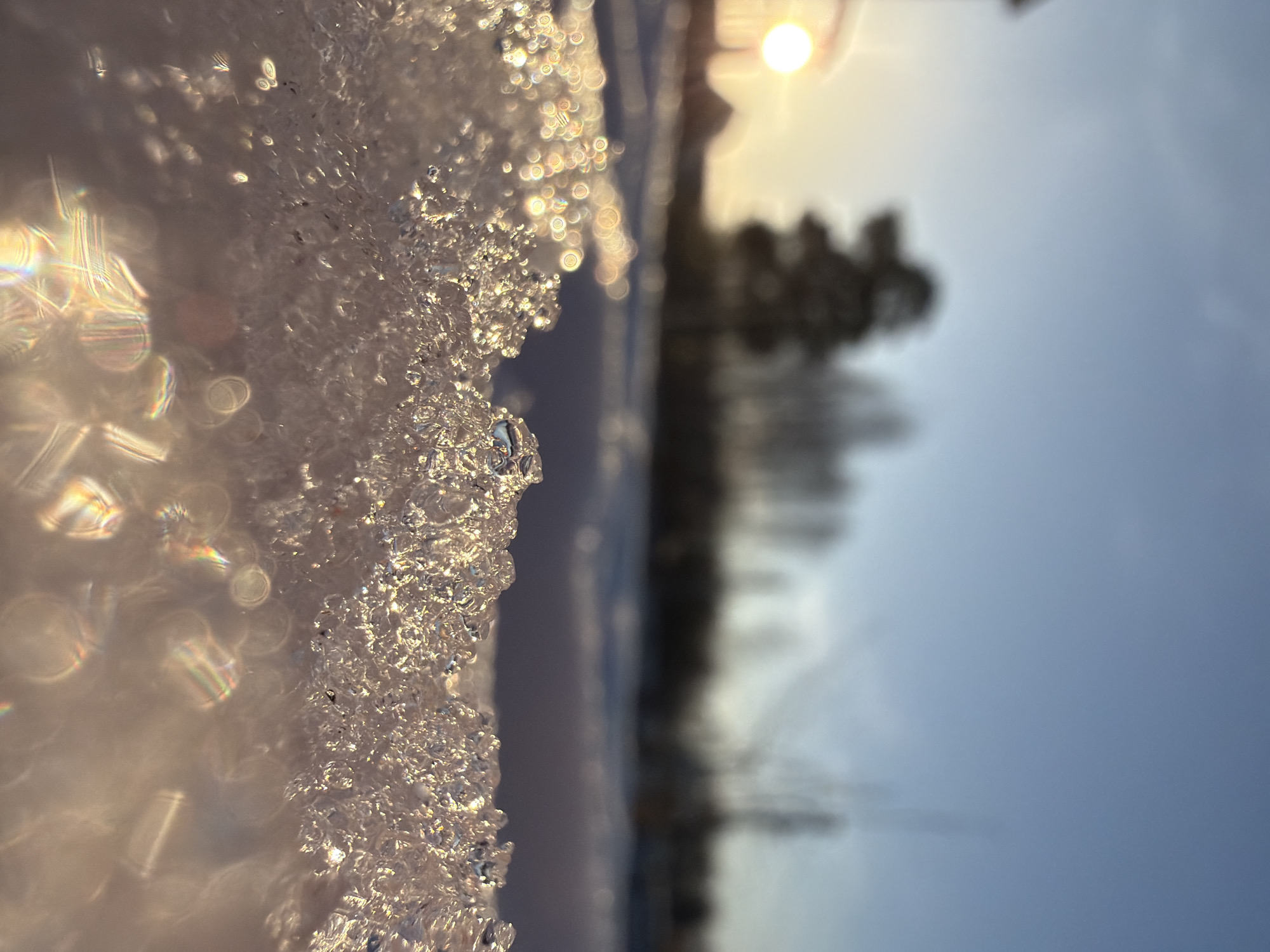 The image shows a close-up of ice crystals on a surface, possibly snow or a frozen object. The ice is illuminated by the sun, creating bright reflections. The background is out of focus but reveals a blurred view of trees and a pale sky with the sun visible. The location is in Chaikovsky, Russia. There are no people visible in the image.