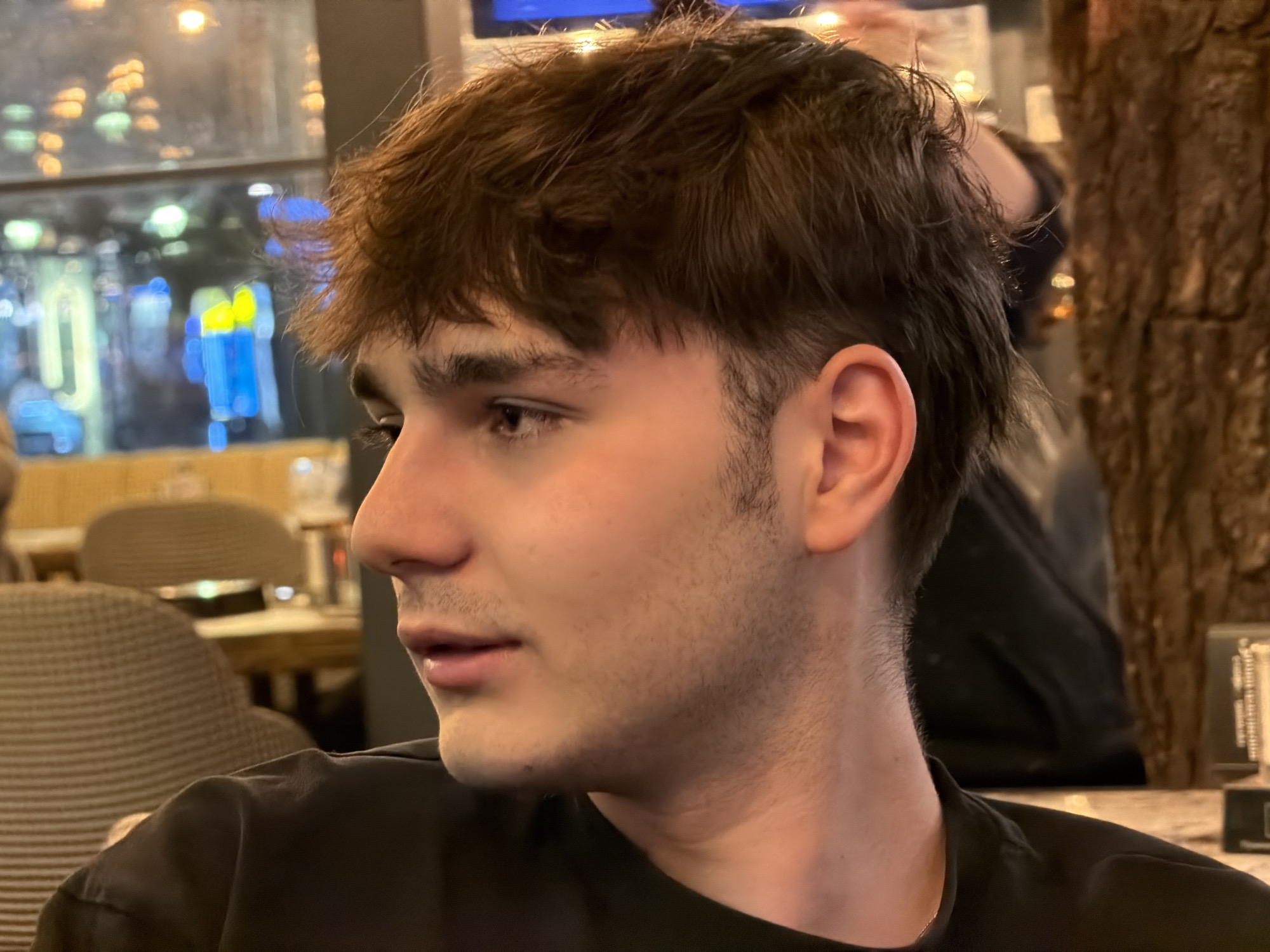 A close-up, profile-view photograph depicts a young male seated indoors at an establishment in Sofia, Bulgaria. The subject, positioned in the left foreground, has short, dark brown hair with a fringe and faded sides, showing light stubble along his jawline and ears. He faces right with his lips slightly parted and eyes focused forward. He is wearing a black crew-neck shirt. The background is largely out of focus, indicating a shallow depth of field. To the left, a blurred window displays indistinct blue, yellow, and warm orange light reflections or outdoor lights. A patterned chair is partially visible behind the subject. To the right, a prominent, vertical, textured brown structure resembling a tree trunk or pillar is visible. Ambiguous blurred figures and objects are present further in the background, consistent with an indoor dining or lounge setting. No specific actions or interactions are discernible.