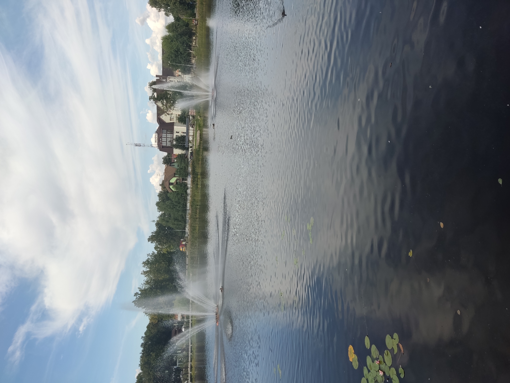The image depicts a body of water with multiple fountains spraying water into the air. In the background, there are trees, buildings, and a cloudy sky. Specifically, the image shows the central pond located in the city of Noginsk, Russia, which is a popular recreational spot. The pond features several fountains, including a prominent one in the center that creates a large spray. The water lilies are also visible floating on the surface of the water. Several ducks are swimming in the pond. In the background, buildings such as a hotel and residential houses are visible, along with a dense line of trees. The sky is partly cloudy with a mix of blue sky and white clouds. The overall scene suggests a pleasant day in a park-like setting.