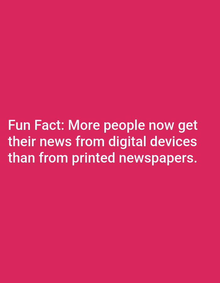 The image shows a digital graphic with white text on a pink background. The text reads "Fun Fact: More people now get their news from digital devices than from printed newspapers." There is no information about the city of Lagos, Nigeria, in this image.