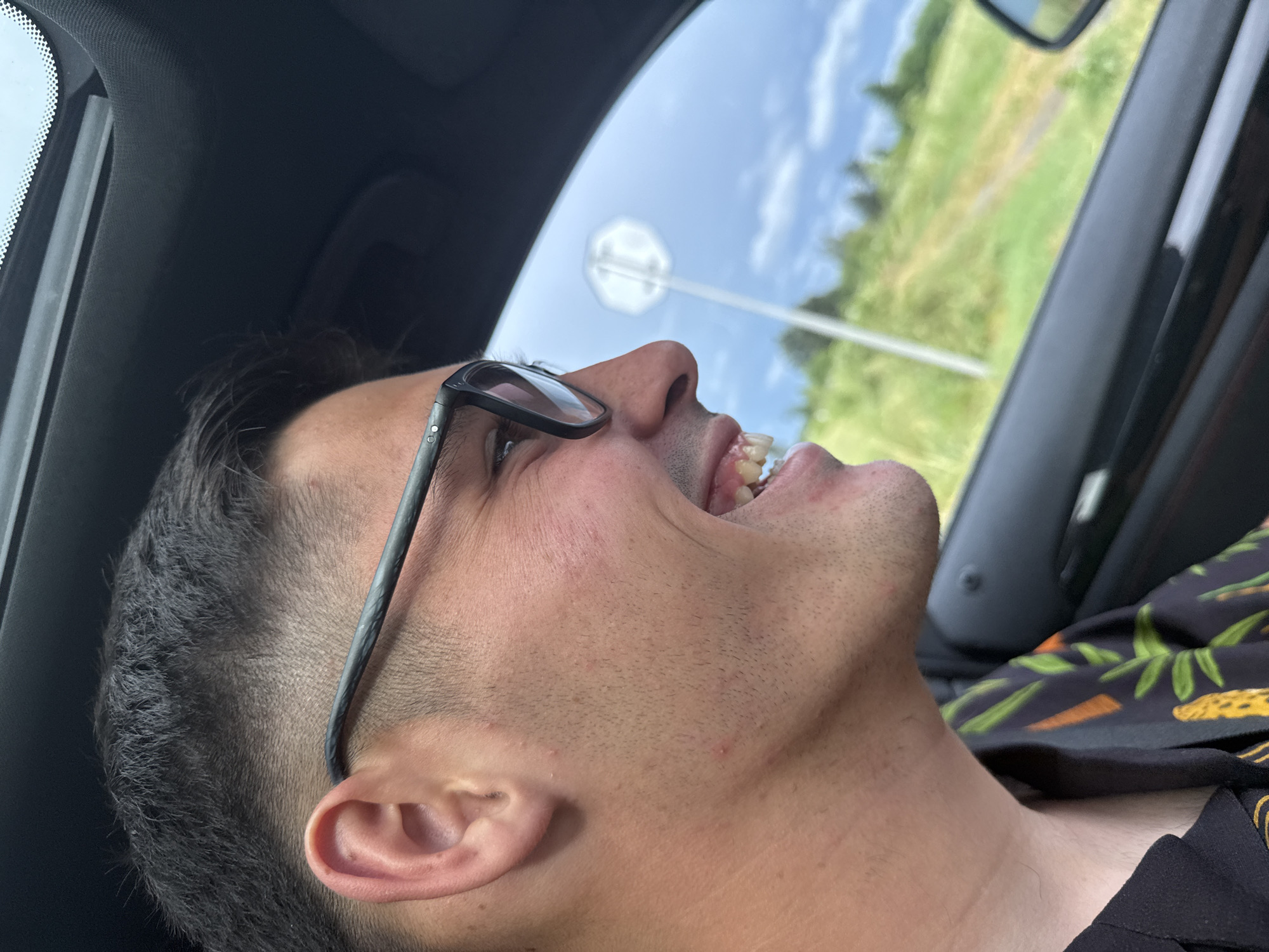 A man is captured in a close-up, profile view from inside a vehicle, looking upwards and to the right. He appears to be laughing or cheering, with his mouth open, revealing his upper teeth. He wears dark-rimmed glasses and a black shirt adorned with a distinctive pattern of green leaves and orange, leopard-like spots. His hair is dark and neatly cut on the sides.
The setting is inside a car, with elements of the dark interior, such as the headliner and window frame, visible. Through the car window, a bright, clear blue sky with scattered white clouds is prominent. A blurred white octagonal road sign on a pole is visible against the sky, suggesting a stop sign. Beyond the sign, a vibrant green, grassy landscape with distant trees can be seen, indicative of a rural or roadside environment. The scene takes place during a sunny daytime, suggesting pleasant weather. The man's expression conveys strong emotion, likely joy or amusement. There is no discernible text visible in the image. The location context for this scene is Svoboda, Bulgaria.