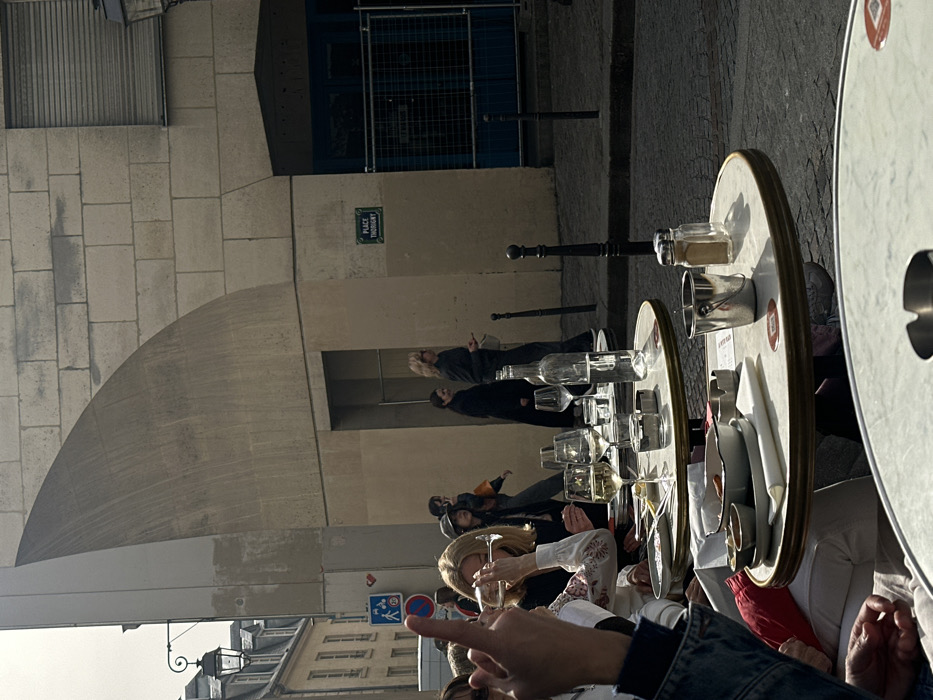 The image depicts an outdoor café scene on a sunny day at Place Thorigmy in Paris, France. In the immediate foreground, patrons are seated at marble-topped tables with golden rims. One person on the far left, wearing a denim jacket, has their left hand raised with the index finger pointed upward. To their right, a blonde-haired individual in a white, embroidered top is drinking white wine from a stemmed glass. Tables are set with multiple wine glasses, a clear water bottle, ashtrays, small bowls containing snacks, and folded white napkins. A small metal ice bucket and a salt and pepper shaker set are visible on one table.
Behind the café seating, a cobbled street is visible where several pedestrians are walking from left to right. Two women in dark clothing are prominent in the midground, one carrying a light-colored object. Further left, other pedestrians, including an individual with an orange backpack, are also walking. Black bollards line the edge of the street.
The background features a light-colored stone building with a distinctive large, curved architectural element on its corner. A green street sign reading "PLACE THORIGMY" in white text is affixed to this building. Below the curved element, a recessed entryway is visible. To the right, another entrance with blue doors is partially obstructed by metal construction fencing. Above this entrance, a window with a closed metal roller shutter is present. On the far left, a street extends into the distance, lined with traditional Parisian buildings featuring mansard roofs and an ornate black street lamp. A blue street sign indicating a pedestrian and a "No Parking" symbol for bicycles is visible on a building wall to the left. Sunlight casts strong shadows across the scene.