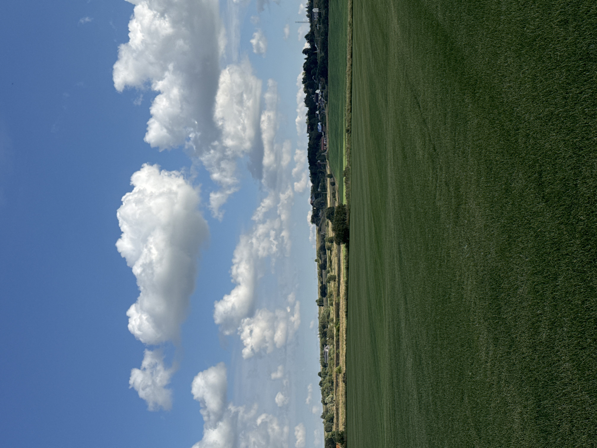 A wide-angle, eye-level shot depicts a pastoral landscape under a bright blue sky dotted with fluffy white clouds. In the foreground, a vast, neatly trimmed green field stretches across the frame, exhibiting subtle patterns from mowing. Beyond this field, a gently rolling hill rises, topped with a scattering of trees and a small village. The village consists of several houses, some with red roofs, nestled amidst the greenery. The overall scene is tranquil and rural, with no people or animals visible. The image appears to capture a rural area near Kempelevo, Russia, on a clear day.