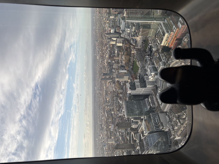 The image displays an elevated, panoramic view of the City of London, United Kingdom, captured through a high-rise window, consistent with a perspective from The Shard looking generally west-northwest. The cityscape below is densely packed with a mix of modern skyscrapers, including the distinctively curved 20 Fenchurch Street (the "Walkie-Talkie") building on the left, and numerous other commercial structures. Roads and bare trees are visible throughout the urban fabric. In the immediate foreground, centered at the bottom of the frame, a dark, silhouetted, anthropomorphic toy figure with prominent ears is positioned, facing outwards towards the city, partially obscuring the view. The sky above is partially cloudy, showing both white clouds and patches of blue, with a small, dark airborne object discernible in the distant upper-left sky.