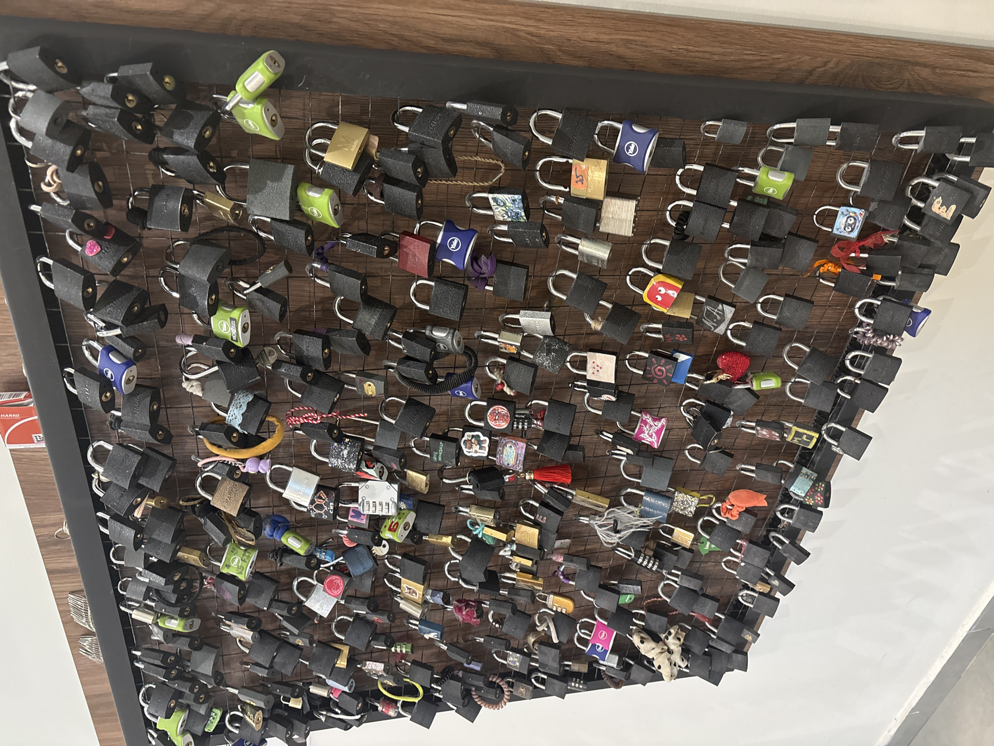 This image depicts a grid structure attached to a wall and filled with numerous padlocks. The padlocks vary in color, size, and design, many appearing to be love locks. The grid is attached to a wooden-framed wall, with the lower right corner positioned near a white wall. The location of the image is Unknown, Unknown.