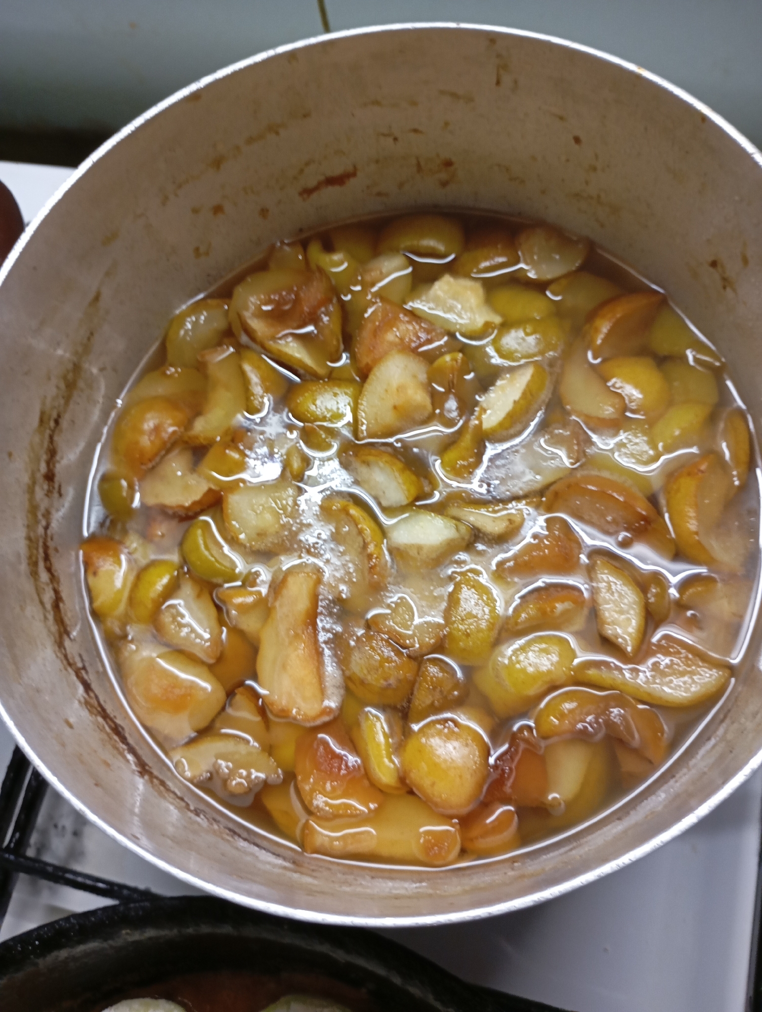 A close-up overhead shot shows a pot filled with sliced pears in syrup. The pears are a pale yellow and golden brown, appearing soft and cooked. They are submerged in a clear, syrupy liquid that has a slight golden hue. The pot itself is a metallic silver, with some visible wear and slight browning on the inside rim, suggesting it has been used. The pot is resting on a black stovetop, which is part of a kitchen environment. The overall impression is of a homemade dish being prepared or preserved. The location is the city of Horishni Plavni, Ukraine.