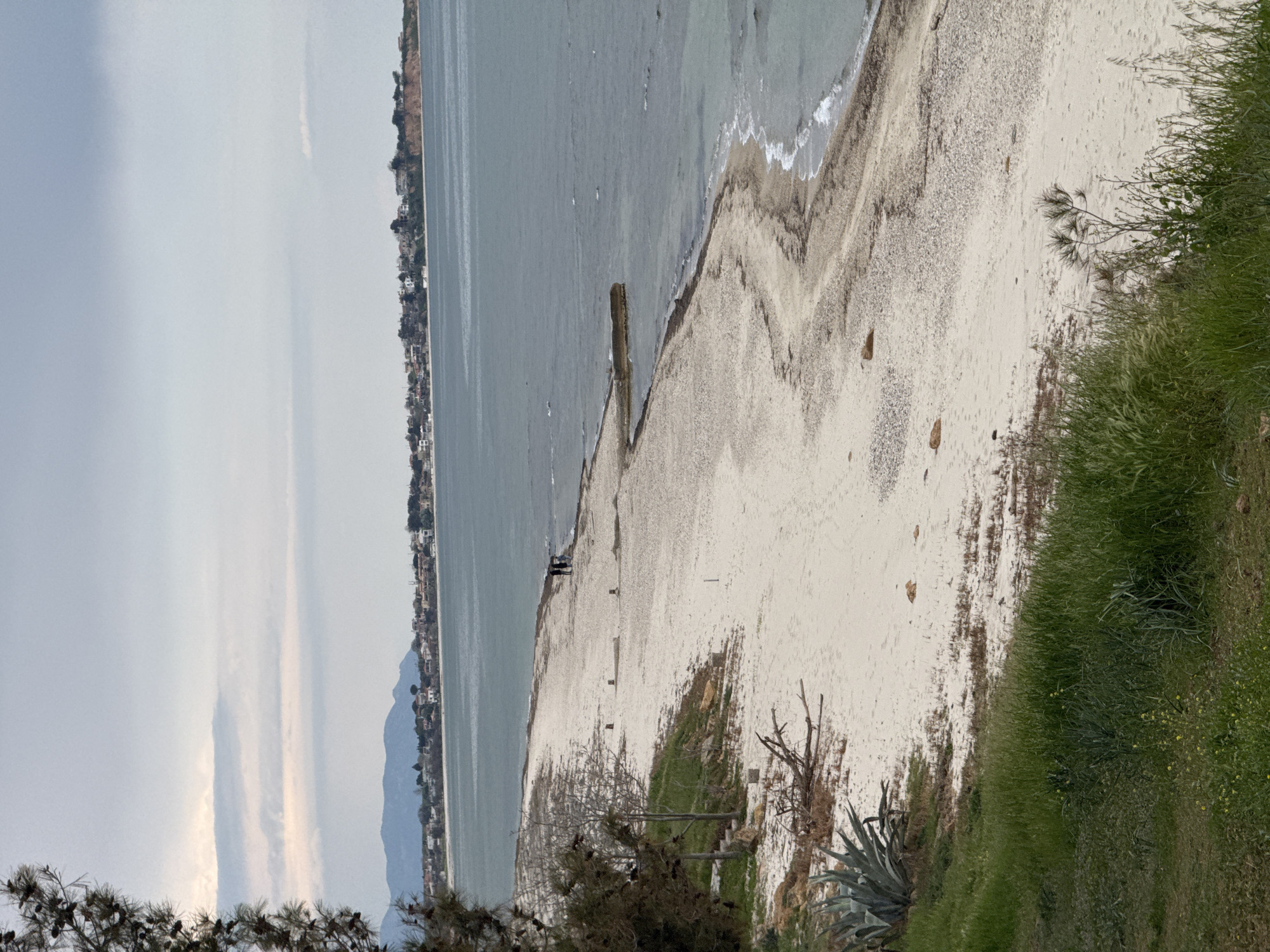 The image shows a view of the coastline at Fanari, Greece. The scene is dominated by a sandy beach, a body of water (likely the sea), and a stretch of land with buildings and vegetation on the far side of the water. The sky is overcast with light clouds. The beach is sandy with some debris or vegetation scattered along the shoreline. There are sparse patches of grass and shrubs along the edge of the beach where it meets the land. Two people can be seen walking on the beach. Several wooden posts are visible on the beach near the water's edge. The angle of the shot is from an elevated position, suggesting the photo was taken from a slope or hill overlooking the beach.