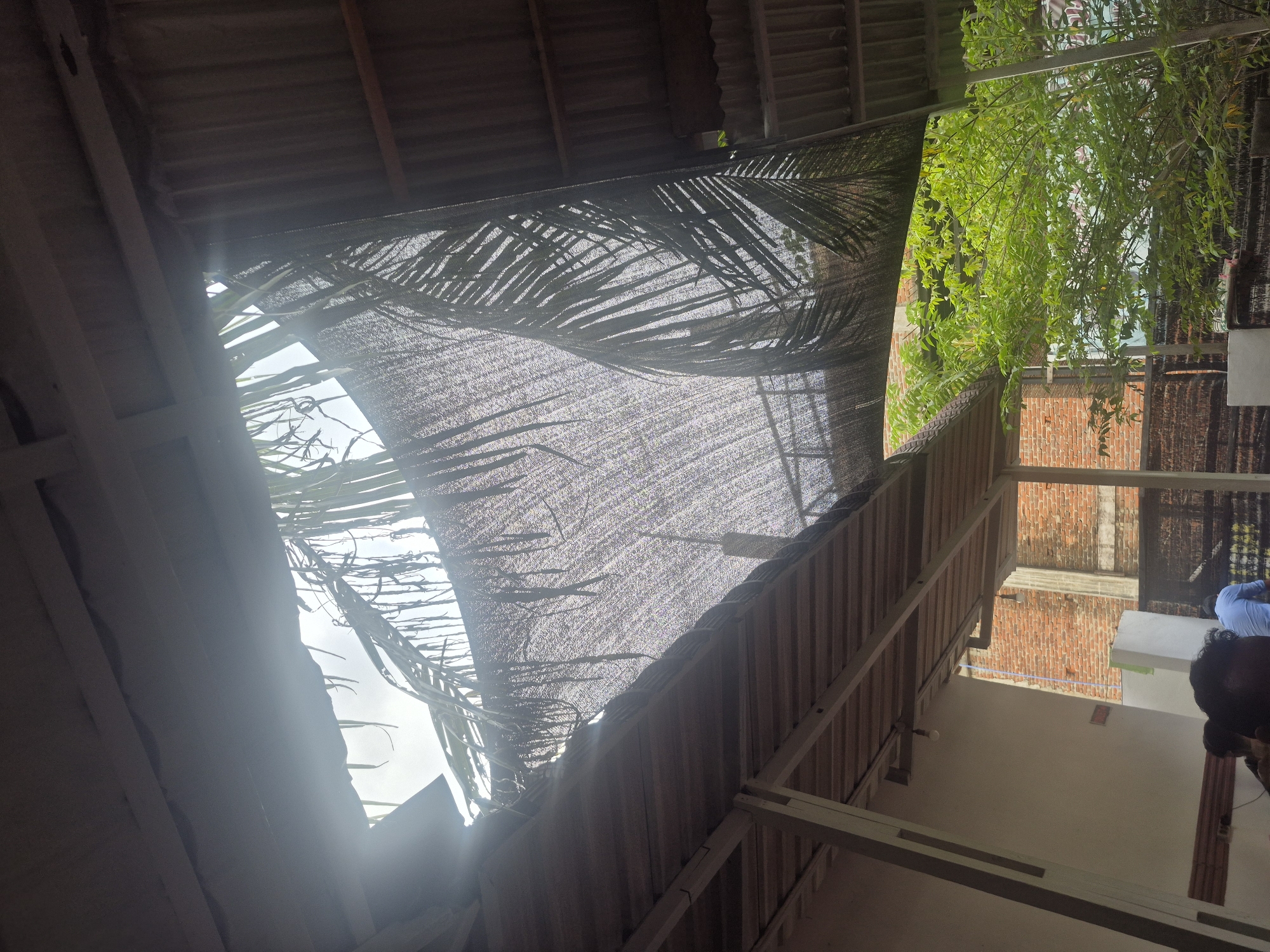 The scene depicts an obscured view of the sky and neighboring structures from under a partially covered roof. The location appears to be Lhokseumawe, Indonesia based on architectural styles. A damaged section of the roof allows sunlight to penetrate, illuminating the interior and highlighting palm fronds and netting draped above. To the right, brick walls and a building are visible, framed by green foliage. Below, a person in a blue shirt and white table suggests interior activity in the bottom-right quadrant. The roof's support beams and construction materials are visible, indicating a simple, open-air structure.