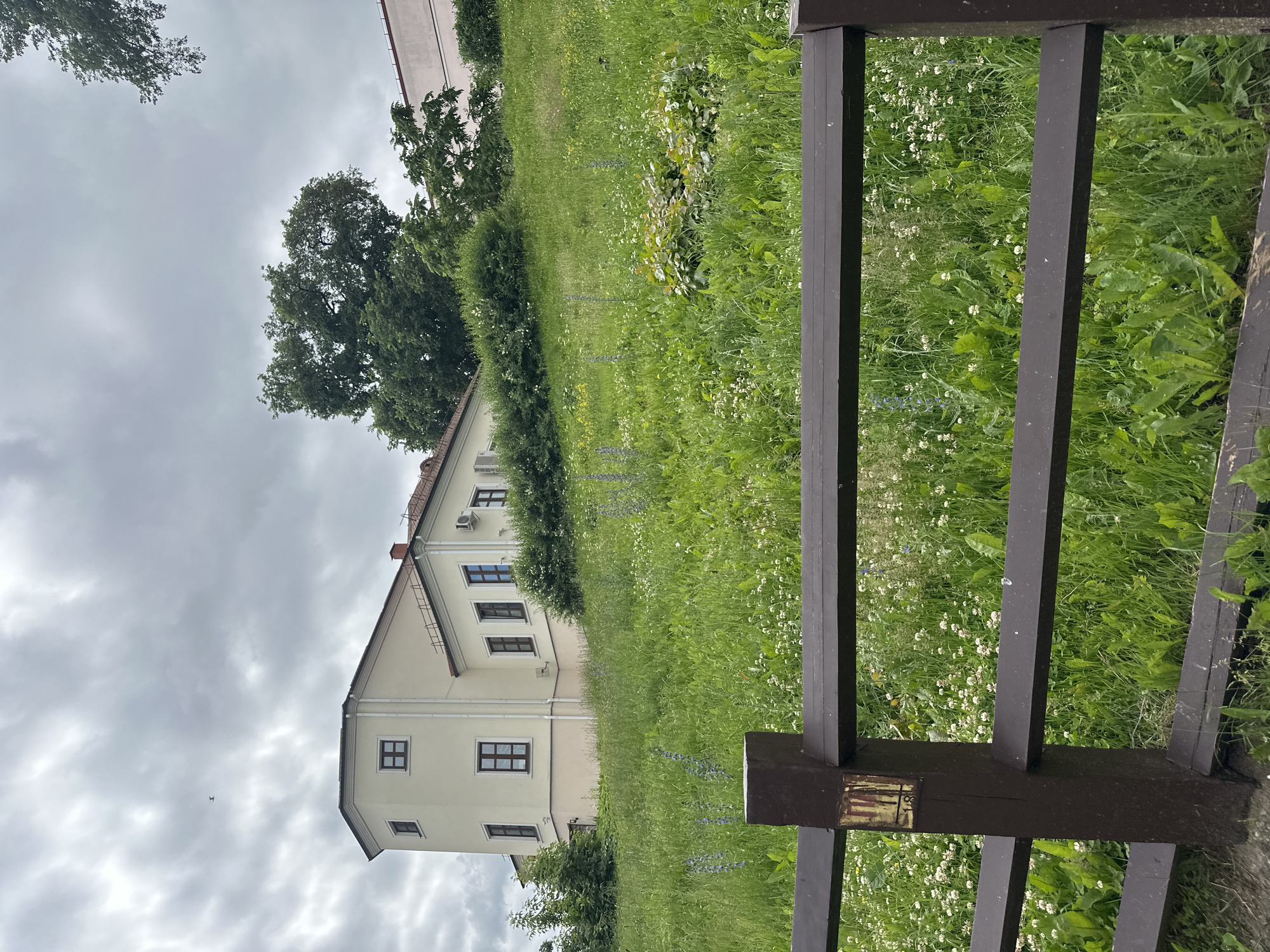 A light-colored, multi-story building with a red-tiled roof sits atop a grassy hill. The building has a distinctive hexagonal section on its left side and several brown-framed windows. The hill is covered in lush green grass with scattered white and blue wildflowers. A dark brown wooden fence runs along the bottom of the image, partially obscuring the view of the hill. The sky is overcast with a few light clouds. The scene is calm and tranquil, suggesting a park or a historical site. The building is likely part of a museum or cultural institution, given its architectural style and prominent location. The fence suggests a boundary or a viewing area. A single bird is visible flying in the upper left portion of the image. There are no people visible in the scene. The overall impression is one of natural beauty combined with historical architecture.