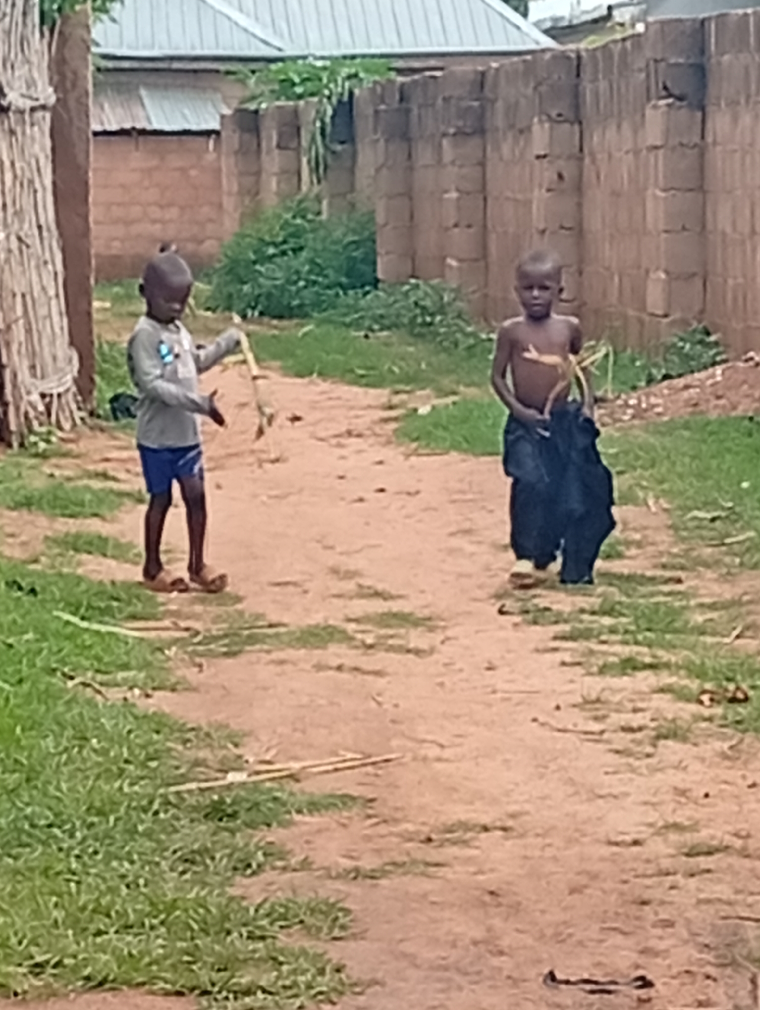 In Tumfure, Nigeria, two young boys are depicted on a dirt path. The boy on the left, wearing a grey long-sleeved shirt and blue shorts, holds a light-colored stick. The boy on the right, shirtless, carries a dark bundle of fabric. A building with a corrugated metal roof and brick walls is visible in the background, along with a stone wall. The area is sparsely vegetated with grass and some scattered greenery.