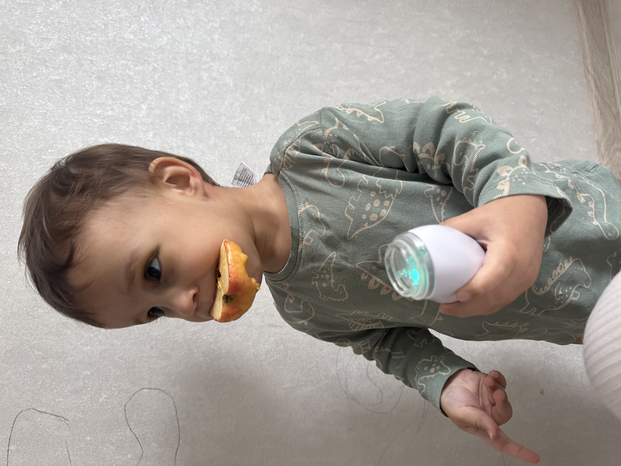 A young child is holding a white object with a green light and has a bite taken out of an apple. The child is wearing a light green long-sleeved shirt with a dinosaur pattern. The child is pointing at something drawn on the wall. The photo appears to be taken indoors. There is no indication this image was taken in Chaikovsky, Russia.