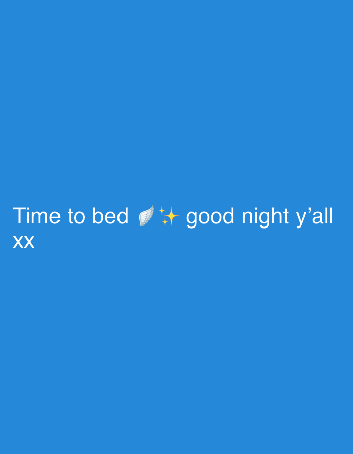 The image displays white text on a blue background. The text reads "Time to bed" followed by a wing emoji and two star emojis, then "good night y'all" and "xx". The image does not contain any elements that would indicate a location in Mengwi, Indonesia.