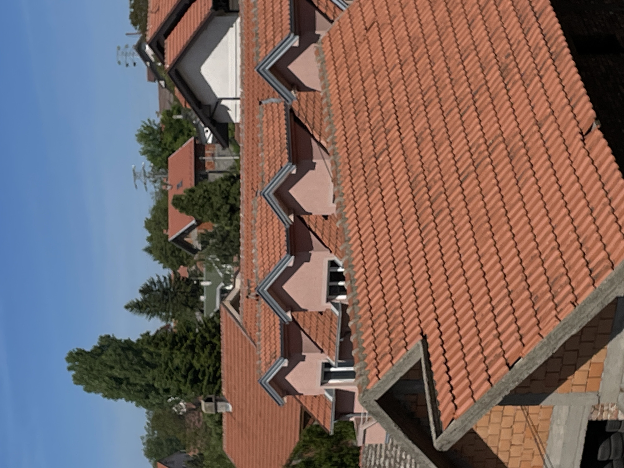 A photograph of rooftops in the city of Belgrade, Serbia. The roofs are covered in orange terracotta tiles and have dormer windows. Trees are visible in the background. The sky is blue.