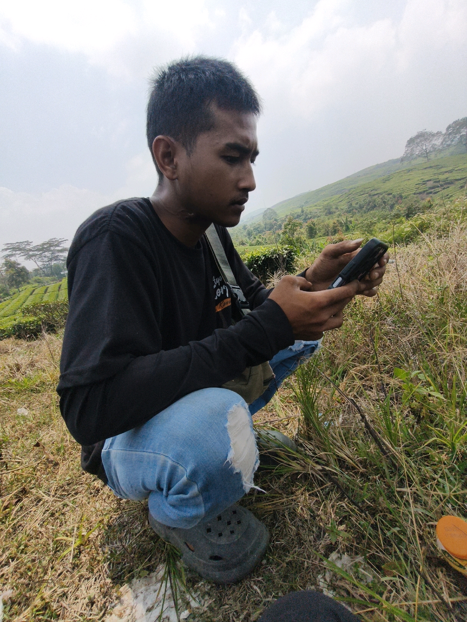 A young man with short dark hair is captured in a medium shot, crouching on grassy terrain. He is wearing a long-sleeved black shirt and light blue jeans with a rip on the left knee. His gaze is directed downwards at a black mobile phone he holds in his hands. In the background, a lush green tea plantation stretches across a hillside under a hazy sky. The surrounding vegetation is dry and patchy grass. An orange cap or lid is visible in the lower right corner of the frame, and a black shoe is on the man's left foot. The scene appears to be outdoors in a rural or elevated area.