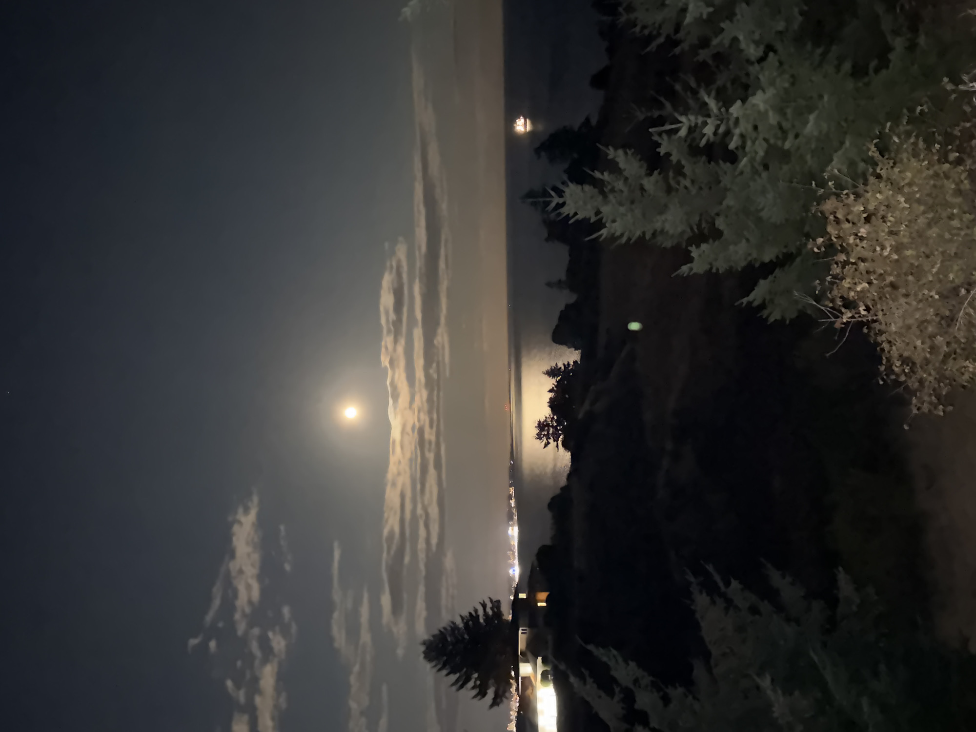 A nighttime, full moonlit aerial shot shows a coastal view of Colwood, Canada, with lights from the city twinkling in the distance across the water. The moon hangs high in the sky, casting a bright glow and reflecting on the calm water. In the foreground, silhouetted trees, including a large fir tree, dot the landscape. A ship is visible on the water, illuminated by its own lights. A house with illuminated windows is nestled amongst the trees on the hillside. The scene is serene and depicts a tranquil coastal environment at night.