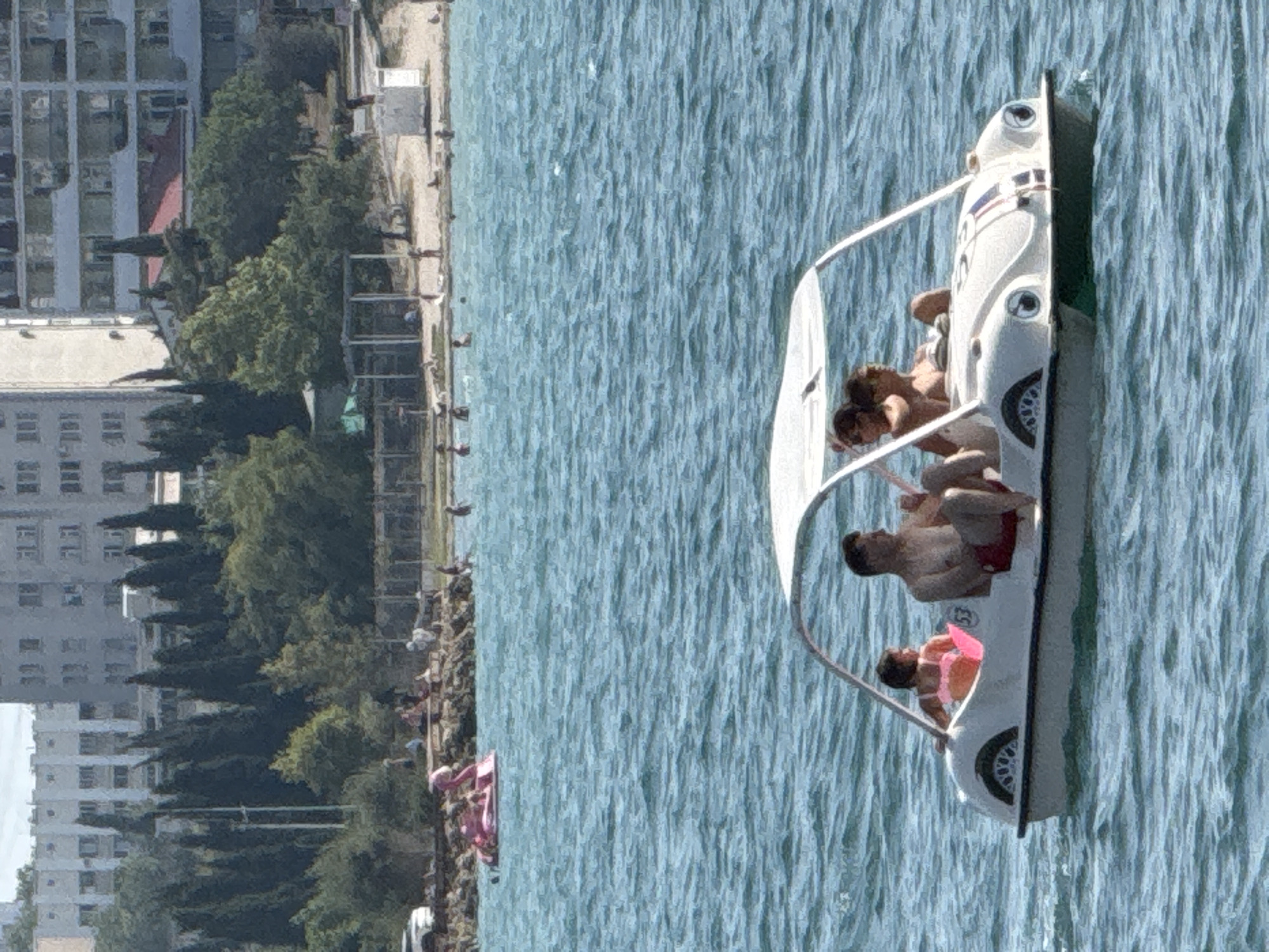 The image shows a brightly lit daytime scene at a seaside resort, likely in Sevastopol, Ukraine. The foreground features a white paddleboat with a canopy, moving on the bright blue water. Three people are visible in the paddleboat. One person, appearing to be a man, is seated near the back, facing left, wearing red swim trunks. Another person, a woman, is seated next to him, facing forward. A third person, a woman, is in front of them, facing left and leaning back. The paddleboat has a distinctive design with circular patterns resembling wheels on its sides.
The background reveals a waterfront promenade with a stone embankment. A line of people are walking or standing along the promenade. Lush green trees are scattered along the embankment, interspersed with some taller, more slender trees. Behind the trees, several large, multi-story buildings with numerous windows are visible, suggesting an urban or semi-urban setting. The architecture of these buildings is consistent with mid-20th century Soviet-era design. Some of the buildings have balconies, and their facades are a neutral, light color. The water is calm with visible ripples, indicating a pleasant day. No specific text is clearly discernible in the image. The overall impression is one of leisure and recreation on a sunny day.
