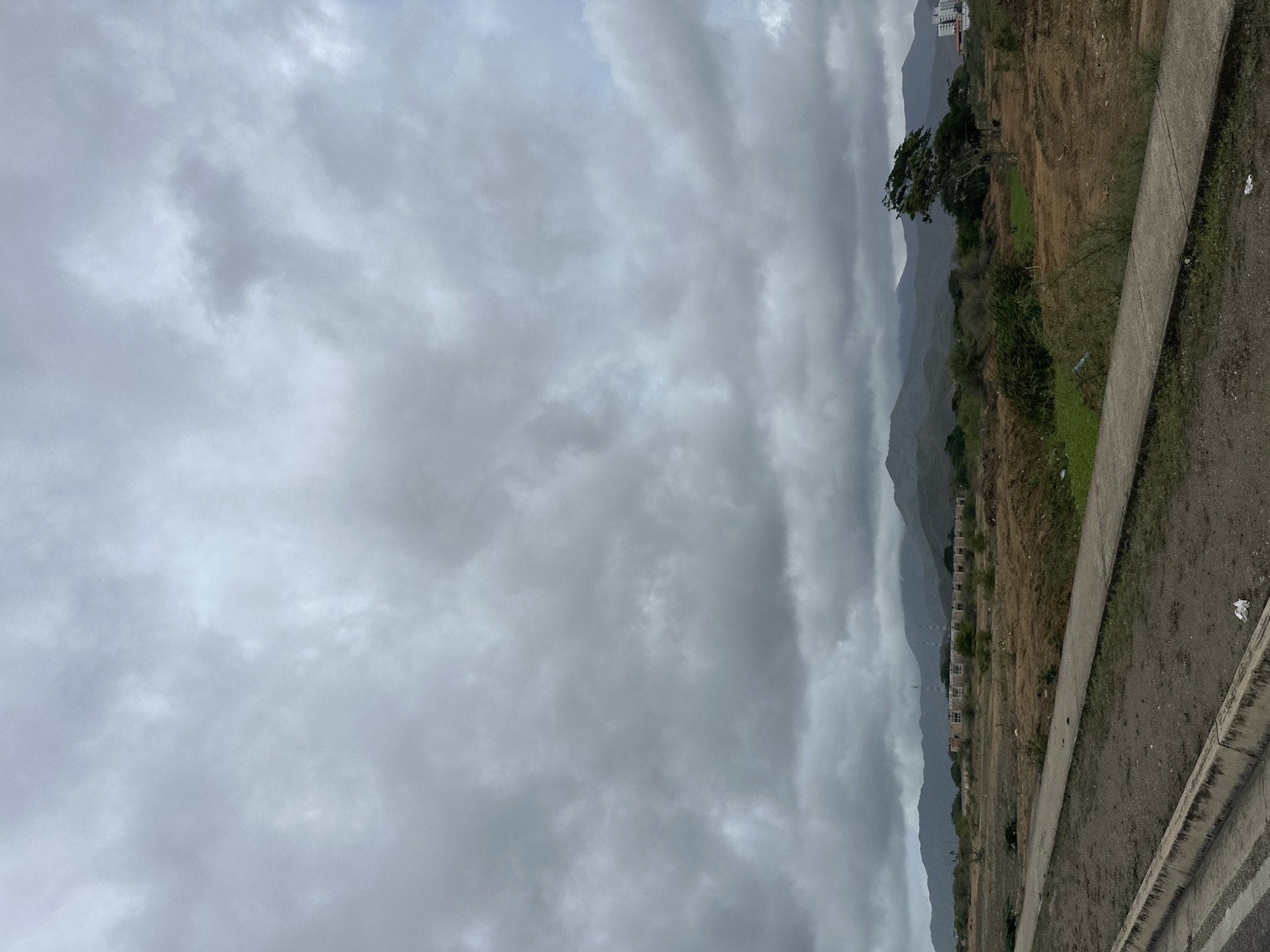 The image depicts a desolate landscape under a heavily overcast sky. In the foreground, a concrete path runs horizontally across the frame, bordered by a dirt embankment. The terrain beyond the path is dry and sparsely vegetated, with scattered bushes and some taller trees. In the middle ground, a long, low-rise building with multiple windows stands in front of a range of mountains that dominate the background. The mountains are shrouded in clouds, obscuring their upper portions. To the right of the frame, a lone, windswept tree stands prominently. Further to the right, a modern multi-story building is visible, suggesting some level of development in the distance. The overall impression is one of a rural or semi-developed area on the outskirts of a city, possibly during or after a period of rain given the cloud cover and somewhat damp appearance of the ground in places. The location is identified as being in the city of Juan Griego, Venezuela. No people are visible in the image.