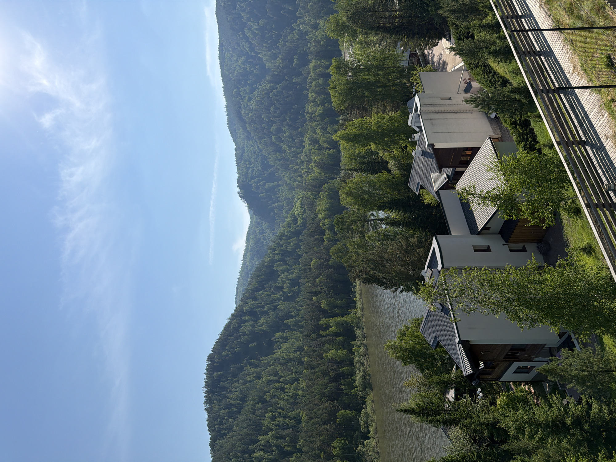 The image displays a panoramic view of a river valley with forested mountains and modern architecture, located in the vicinity of Mansky, Russia. The upper third of the frame shows a bright, clear blue sky with sparse, wispy cirrus clouds, and a noticeable sun glare in the upper right.
Verdant, densely forested mountains, covered in a mix of dark green coniferous and lighter green deciduous trees, dominate the background and midground, sloping down towards a wide, calm, dark greenish-brown river that flows across the mid-left of the scene.
In the foreground and midground, nestled among the trees along the riverbank, are several contemporary multi-story buildings. These structures feature light-colored (predominantly white) facades and dark, sloped roofs. Some buildings incorporate dark wood paneling or balconies. One prominent building on the right has a ladder-like external fixture on its unadorned white wall.
The landscape is rich with lush green vegetation, including tall coniferous trees, leafy birches, and various bushes and grasses, particularly dense around the buildings and river edges. In the lower right foreground, a wooden boardwalk or pathway with a segmented wooden railing extends diagonally across the frame. Strong, parallel shadows from the railing are cast onto the walkway, indicating direct sunlight. A wire mesh fence is partially visible adjacent to the walkway. No human figures or discernible activities are present. The scene is illuminated by bright daylight, suggesting late spring or summer.
