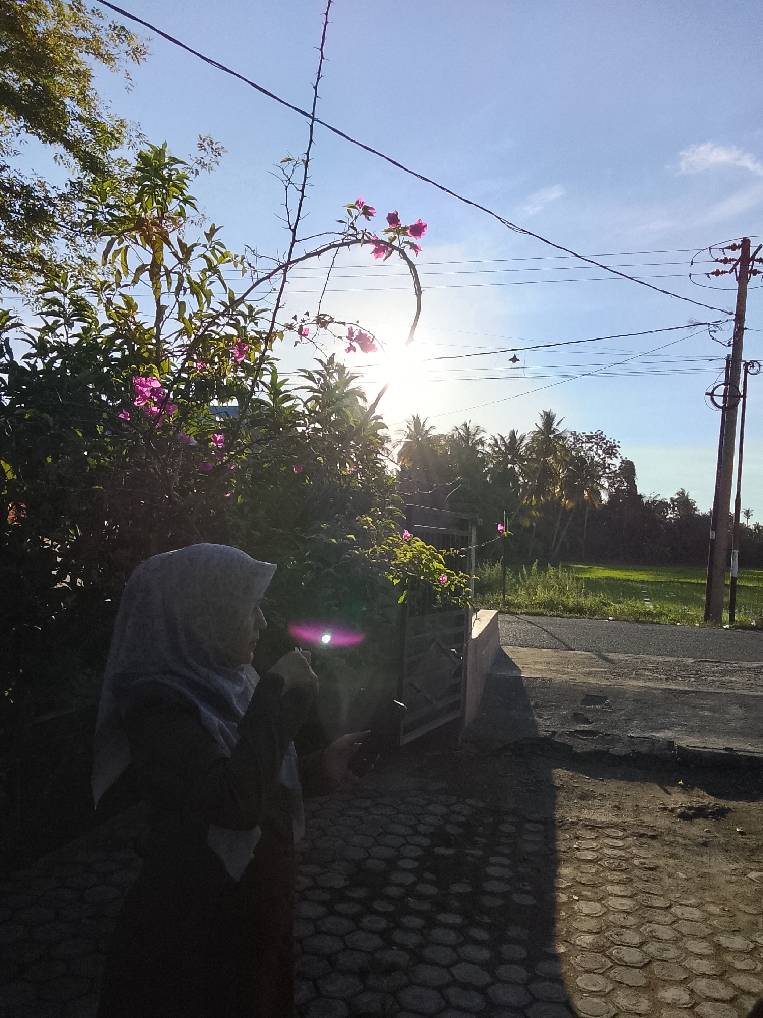 A woman wearing a light blue hijab and dark clothing stands in profile on a cobblestone path. She is looking to her right, with her right hand raised near her face. Behind her, a bush with pink flowers is visible, with the sun shining through its branches. In the background, there is a paved road, a field of grass, and palm trees. A wooden utility pole with electrical wires stands to the right of the frame. The scene appears to be an outdoor setting, possibly in Blangcut, Indonesia, given the presence of palm trees and the lush vegetation.