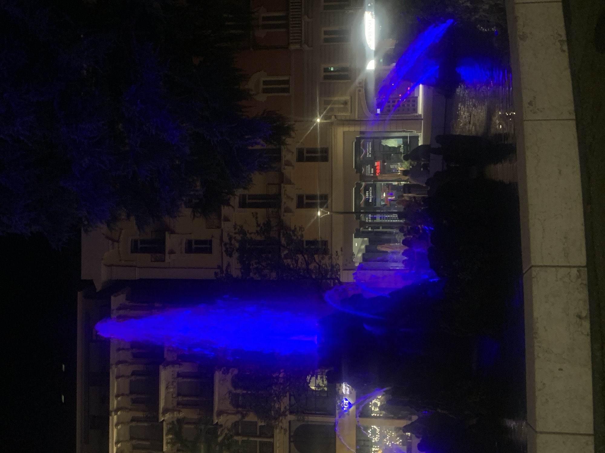 At night, a vibrant blue light illuminates a large fountain in a city square, likely in Lugano, Switzerland, given the context provided. The fountain, with water jetting upwards in a dramatic display, is the central focus of the scene. In the background, several buildings are visible, their architecture suggesting a European urban setting. Some of these buildings have windows and balconies, and lights are on in some of them, indicating activity within.
At the base of the fountain, several people are gathered, mostly silhouetted against the bright lights. They appear to be casually observing the fountain. Some are seated, while others are standing. The ground around the fountain is wet from the water spray, and a large, light-colored stone border surrounds the fountain area.
To the left of the fountain, Christmas lights or other decorative lights are visible, adding to the festive or evening ambiance. Further in the background, there are storefronts, with some signs and lights suggesting commercial activity. A tree with dark foliage, partially lit by the blue light from the fountain, frames the right side of the image. The overall atmosphere is one of a lively public space at night, with the fountain serving as a prominent illuminated attraction.