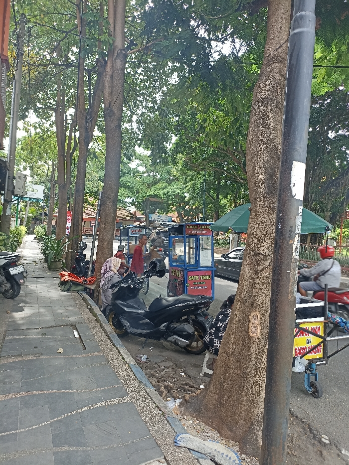 This outdoor image captures a lively street scene in Tulungagung, Indonesia, bustling with street food vendors, pedestrians, and traffic under a canopy of lush trees. The setting appears to be a commercial or residential area during daytime, with natural light illuminating the scene.
On the left, a tiled sidewalk runs parallel to the street, lined with potted plants and several parked scooters. A prominent black scooter, possibly a Honda PCX, is parked on the sidewalk's edge. Beside it, a person wearing a patterned headscarf (hijab) is visible, seemingly attending to something near the scooter. Further down the sidewalk, another white scooter is partially visible. A green sign in the distance reads "PEK JADI I62".
In the midground, two street food vendor carts are set up, indicating a local food hub. One is a blue cart with glass display sections, clearly marked with "SATE TAHU" (tofu satay) and "ES TEH" (iced tea). A person in a red t-shirt stands near this cart. To its right, another vendor cart, predominantly yellow, is partially visible, displaying text like "MIE AYAM" (chicken noodles) and "BAKSO BORONG" (meatball soup). A green market umbrella provides shade behind these carts.
The street to the right is active with vehicles. A red motorcycle with a rider wearing a red helmet is captured in motion, along with a dark-colored car moving in the same direction. Large, mature trees line the street, their tall trunks and dense foliage contributing to the shaded atmosphere. A utility pole is prominent on the far right, near one of the tree trunks. The overall impression is one of everyday urban life in Southeast Asia, with a focus on local commerce and mobility.