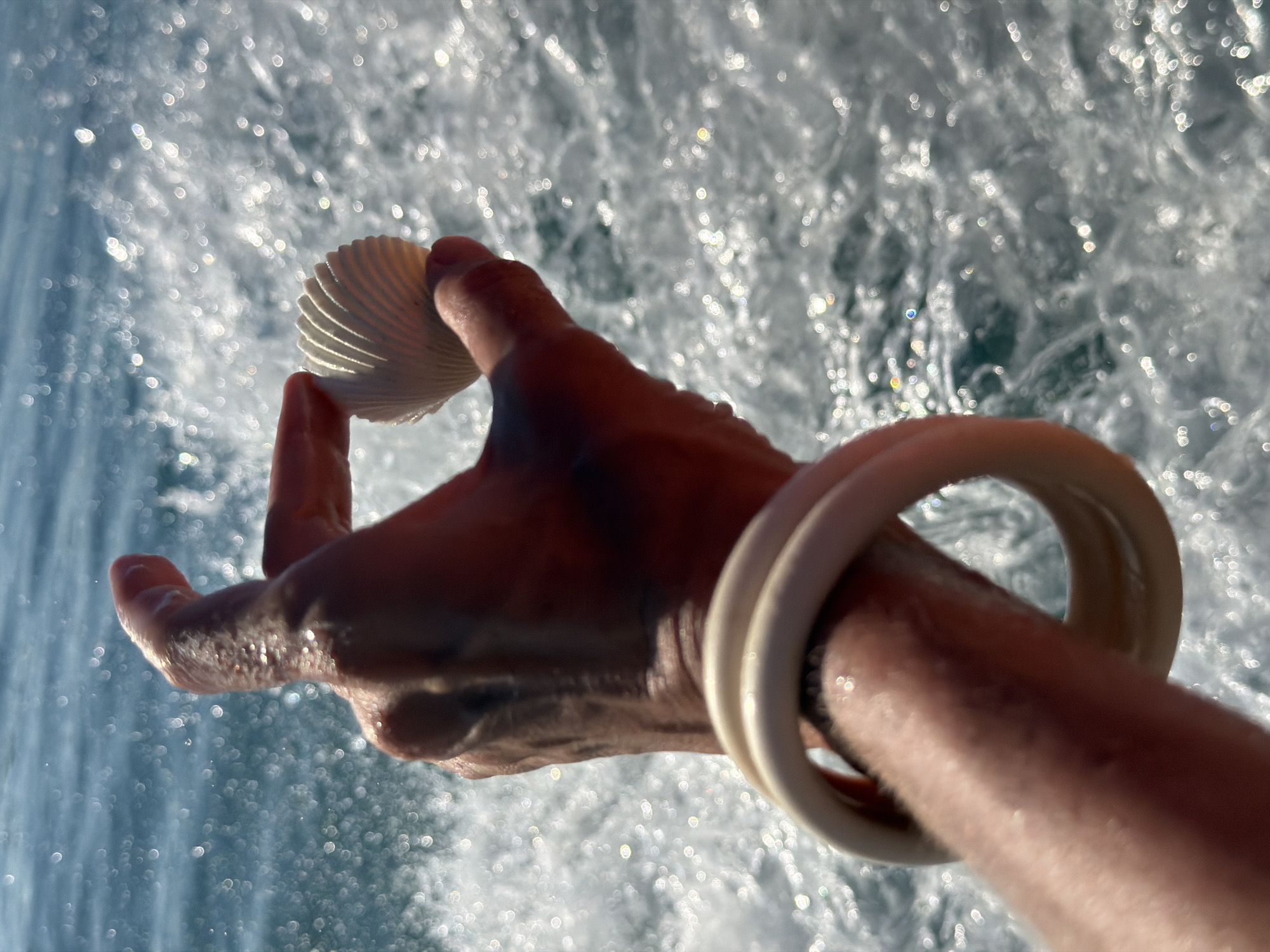 A close-up, vertical shot shows a hand holding a small, white, ridged seashell against a background of choppy blue water with sunlit reflections. The hand is held up, with the thumb and forefinger pinching the shell. A thick, cream-colored bangle is visible on the wrist. The water is blurred and appears to be in motion, creating a dynamic backdrop. The scene suggests an outdoor, possibly coastal, setting, consistent with locations like Baan Thong Krut, Thailand, known for its beaches and marine life.