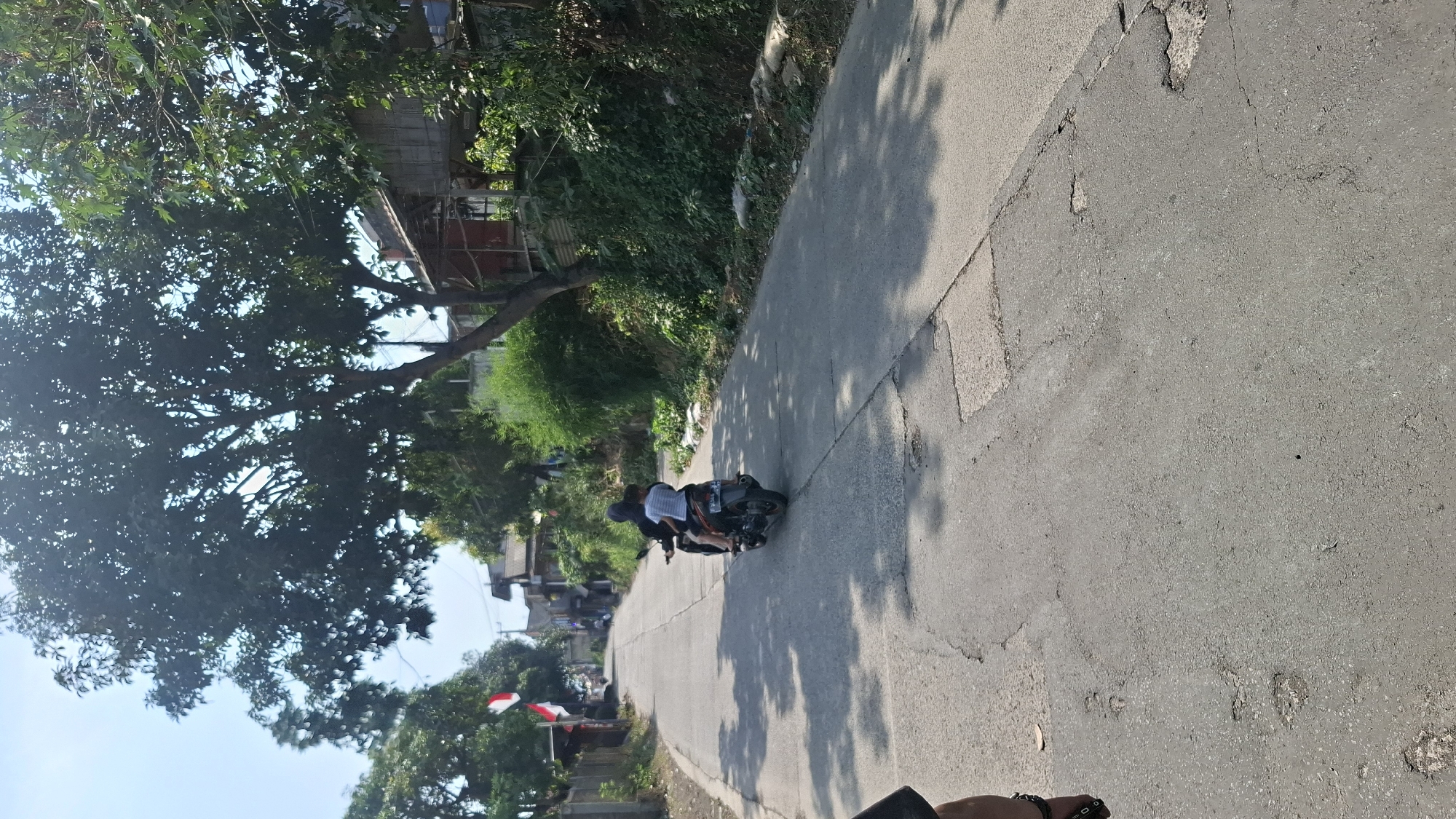 A paved road runs through a residential area in Cilaku, Indonesia. The road is cracked and patched, with shadows from trees dappling its surface. On the road, two people ride a motorcycle. The driver wears a black headscarf and shirt, and a child in a white shirt sits behind them. The motorcycle is black and grey. In the background, houses with wooden and tin roofs line the street. Indonesian flags, red and white, are visible on poles. Lush green vegetation and trees surround the houses and road. The sky is clear and blue.