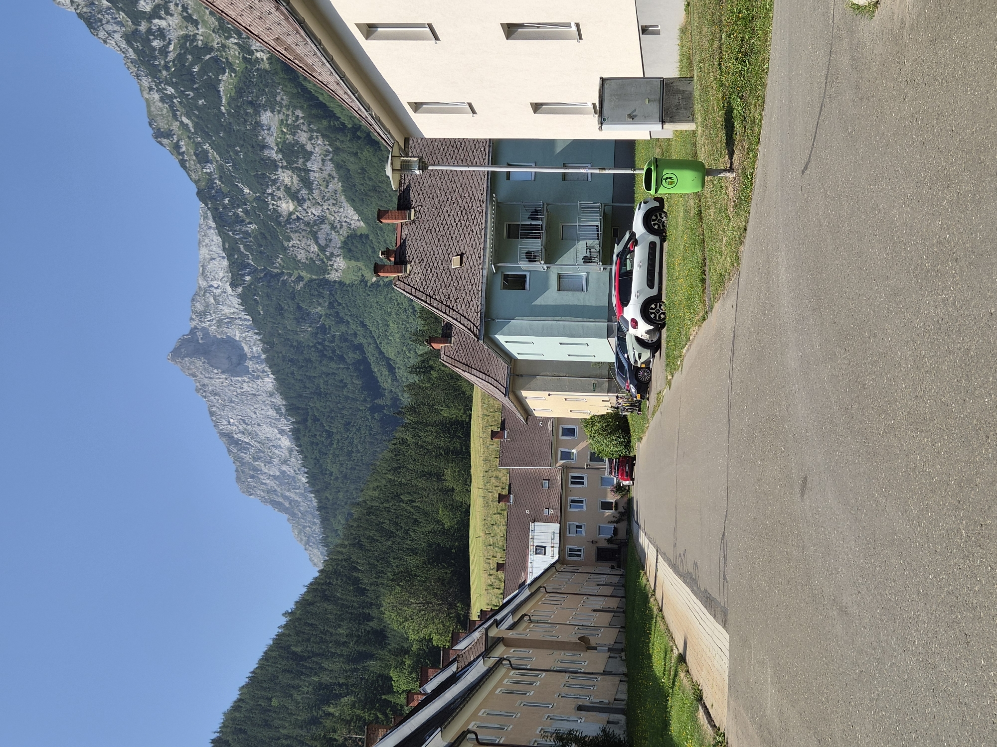 The image depicts a street scene in the city of Eisenerz, Austria. On the left, a row of pale yellow apartment buildings with dark tiled roofs lines the street. The buildings have numerous windows and chimneys. A paved walkway runs in front of these buildings, bordered by a grassy area with scattered dandelions. The street itself is asphalted and curves gently into the distance.
On the right side of the street, a pale yellow apartment building is visible in the foreground, with a modern lamppost in front of it. Further down the street, a light blue apartment building with balconies and dark tiled roofs is present. Several cars are parked along the right side of the street, including a white and red hatchback, a dark sedan, and a dark SUV. A bright green public trash bin with a recycling symbol stands on the grass near the pale yellow building.
In the background, dense green pine forests cover the lower slopes of imposing, rocky mountains. The sky is a clear, bright blue. The overall impression is a residential area nestled within a mountainous landscape on a sunny day.