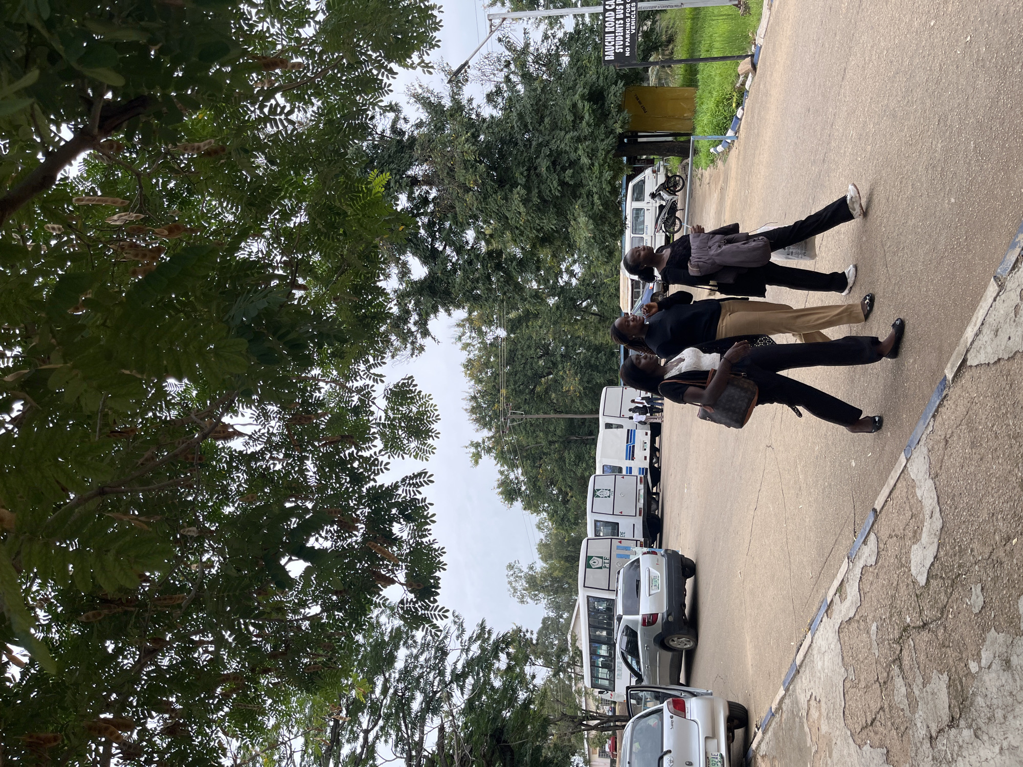 The image depicts a scene in Jos, Nigeria, under a canopy of green trees with hanging seed pods. In the foreground, three young women walk across a paved surface with a blue and white striped border. The woman on the left wears a white lace top and black pants, carrying a large brown handbag. The middle woman is dressed in a black top and tan trousers, holding a phone. The woman on the right wears a black top and black pants, with a grey jacket draped over her arm and a white shopping bag.
Behind them, several white buses are parked in a row, suggesting a transportation hub or school campus. One bus has a green emblem with the text "PTF". A silver SUV is parked to the left of the buses, and a silver sedan is on the far left. A motorcycle is visible near the buses. To the right, a yellow structure and a sign that reads "BAUCHI ROAD CAMPUS STUDENTS BUS PARK NO PARKING FOR OTHER VEHICLES" are present. The environment is overcast, and the ground is a mix of asphalt and cracked concrete.