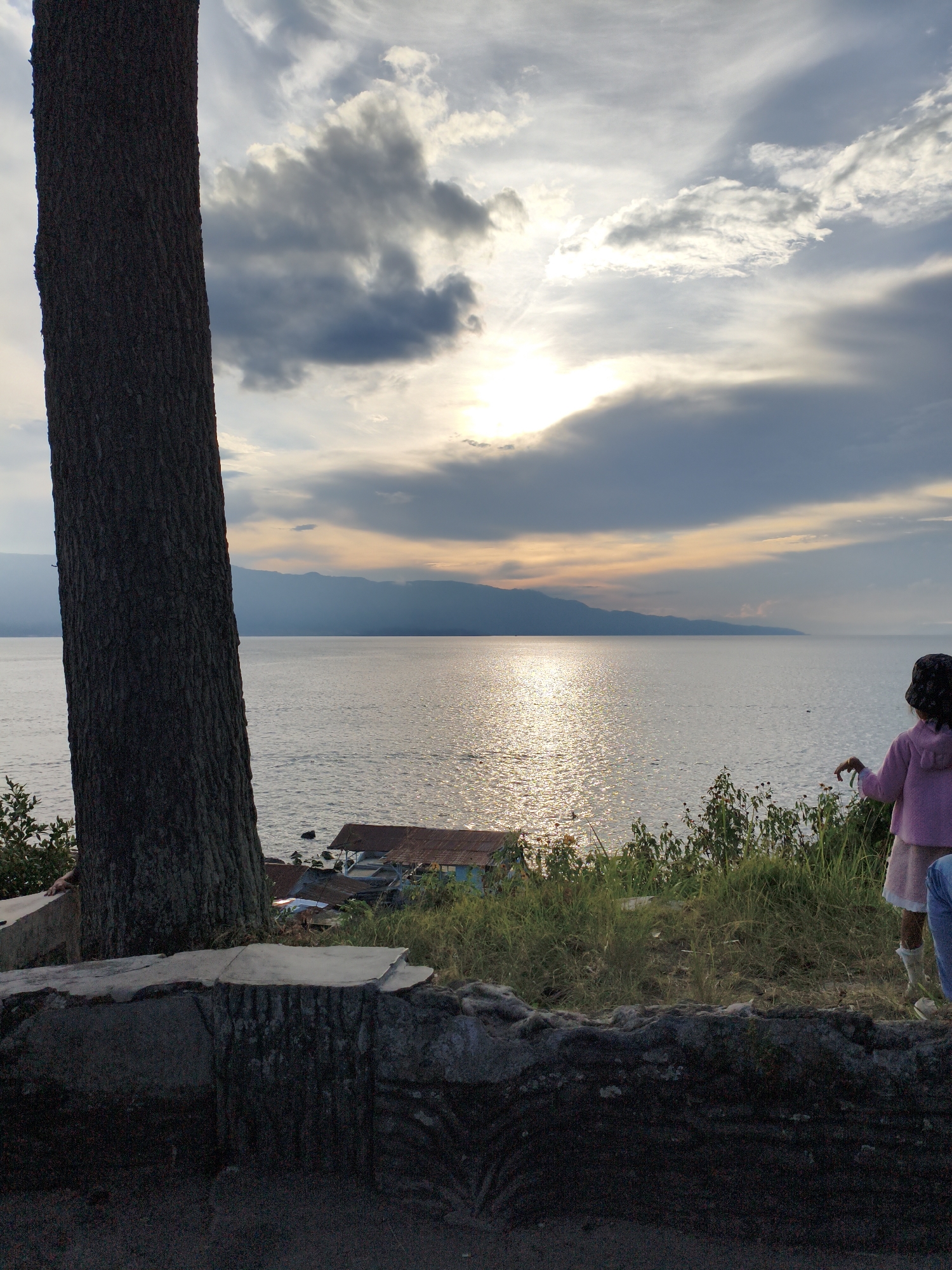 The image depicts a sunset over a body of water, likely Lake Toba, near Tiga Raja, Indonesia. A large tree trunk dominates the left foreground, with a textured bark. In the mid-ground, a young child wearing a pink hooded jacket and a dark patterned hat stands facing the water, with their right hand extended. To the right of the child, some tall green grass and flowering plants are visible. On the water, a small, rustic structure with a corrugated metal roof can be seen. The water itself reflects the warm hues of the sunset, with shimmering highlights. In the distance, hazy mountains form the horizon line. The sky is a mix of dramatic clouds, with sunlight breaking through, casting a golden glow. The foreground also features a rough, textured stone wall.