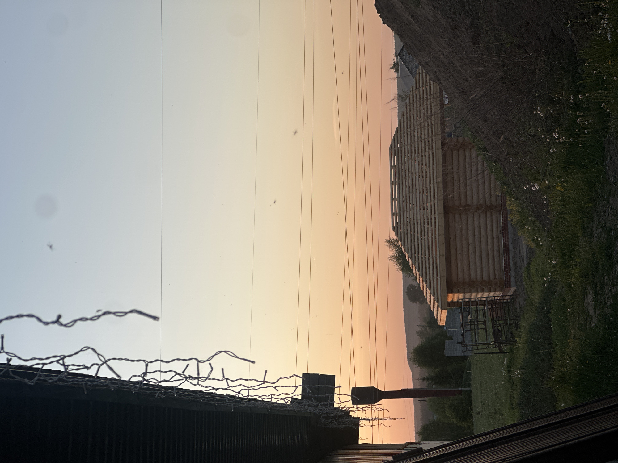 The image shows a landscape at dawn or dusk in Гаревая, Russia. The sky is a gradient of light blue and orange. Power lines are visible stretching across the sky. A partially constructed log building is to the right, with scaffolding in front. The building is adjacent to a grassy area with wildflowers. In the foreground, a roof with decorative string lights is visible. A dark, silhouetted object sits atop the roof.