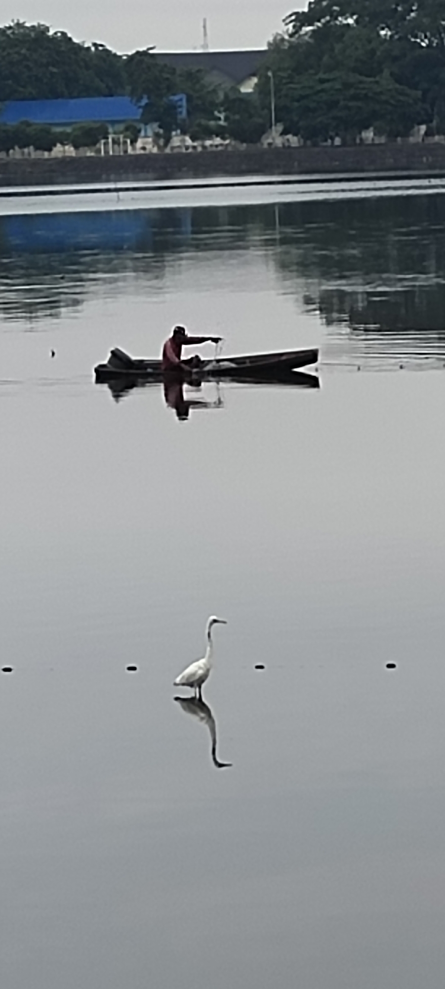 A man in a red shirt is fishing from a small boat on a calm body of water. The boat is dark and appears to be made of wood. The man is leaning forward, holding a fishing net. The water reflects the man, the boat, and the overcast sky. In the foreground, a white egret stands in the water, its reflection visible below it. In the background, a line of trees separates the water from buildings, including a structure with a blue roof. The overall scene suggests a quiet, possibly early morning or late afternoon moment in a coastal or riverside area within Lhokseumawe, Indonesia.