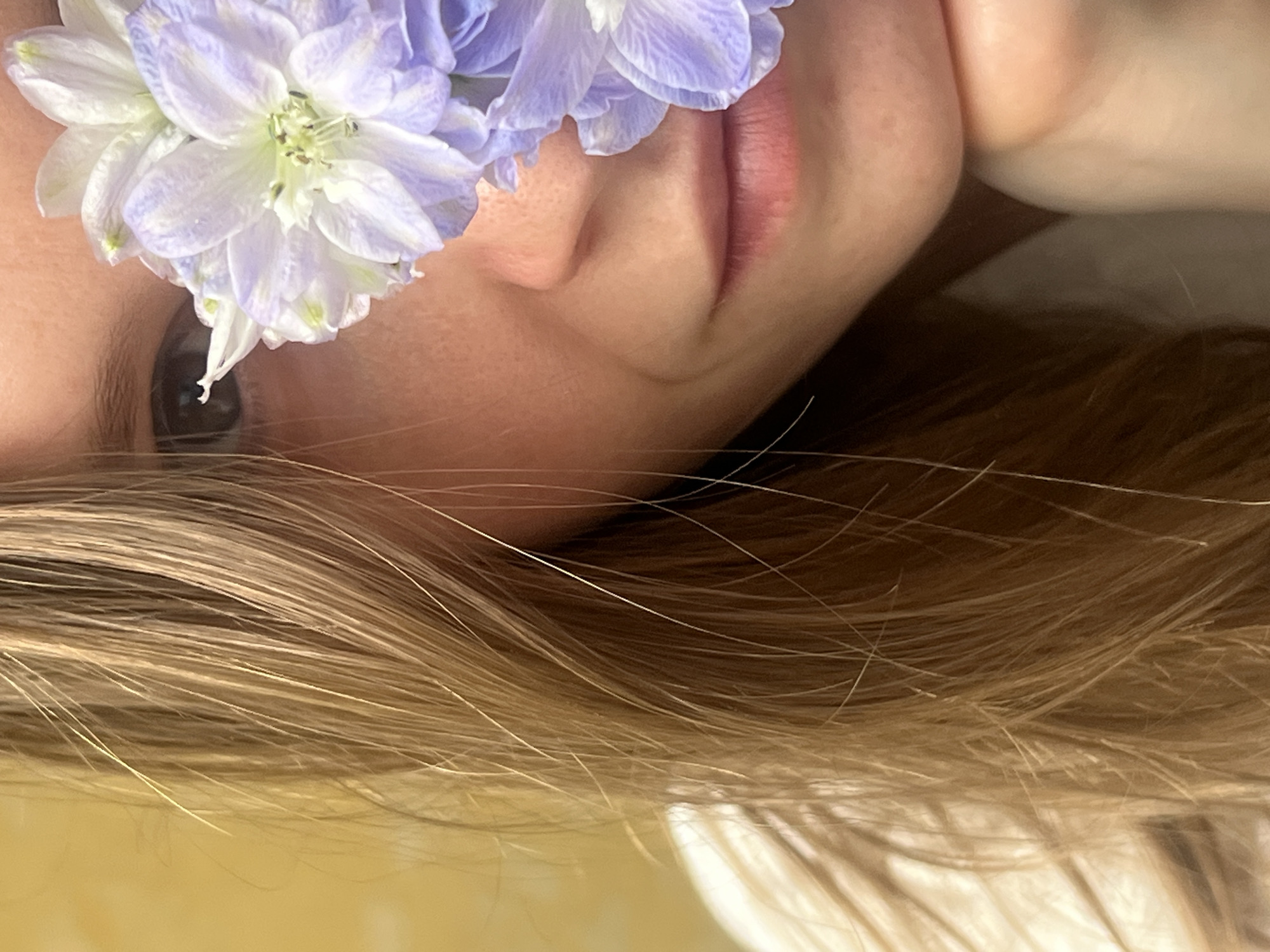 The image displays a close-up, rotated view of a person's face, turned 90 degrees counter-clockwise. The focal point is the right side of the face, encompassing the eye, nose, and mouth area. A delicate cluster of light purple and white flowers is gently arranged on or near the person's face, partially obscuring the forehead and cheekbone, and extending towards the nose.
The person has fair skin with a natural, soft complexion. Their right eye is partially visible beneath the flowers, appearing relaxed and calm, with a dark iris. The lips are closed, displaying a soft pink hue. Long, light brown or blonde hair cascades across the lower part of the frame, suggesting the person is lying down or resting their head. Individual strands of hair are visible, highlighted by soft lighting, revealing a natural blend of tones.
The background is indistinct, appearing as a soft, light-colored surface, possibly bedding or a cushion, which contributes to the serene and intimate atmosphere of the scene. The lighting is soft and natural, indicating it is likely daytime. The overall impression is one of peacefulness or an artistic portrait. No activity is explicitly depicted other than the gentle placement of the flowers. There is no visible text in the image.
