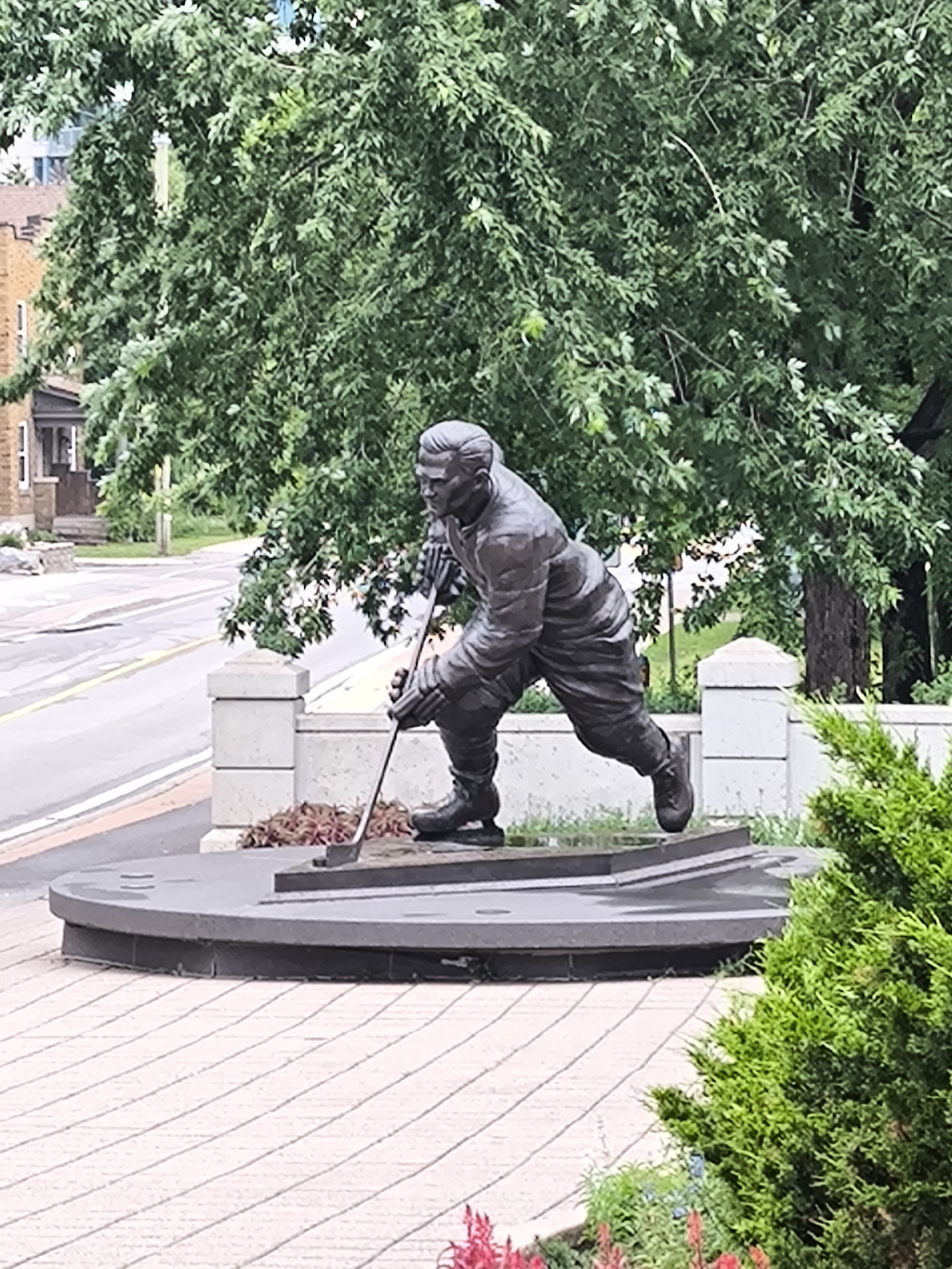 This is a full-shot, eye-level, outdoor, natural-light photograph of a bronze statue of hockey player Jean Béliveau in Gatineau, Canada. The statue is located in front of a stone wall and a sidewalk with red brick paving stones. Behind the statue, a street with yellow and white lane markers is visible. A large, leafy green tree dominates the background, with glimpses of buildings and a smaller tree on the left side of the frame. The statue depicts Béliveau in a hockey stance, bent low with a stick in his hands, appearing to be in mid-action. A green bush is in the foreground on the right side of the image. The weather appears overcast.