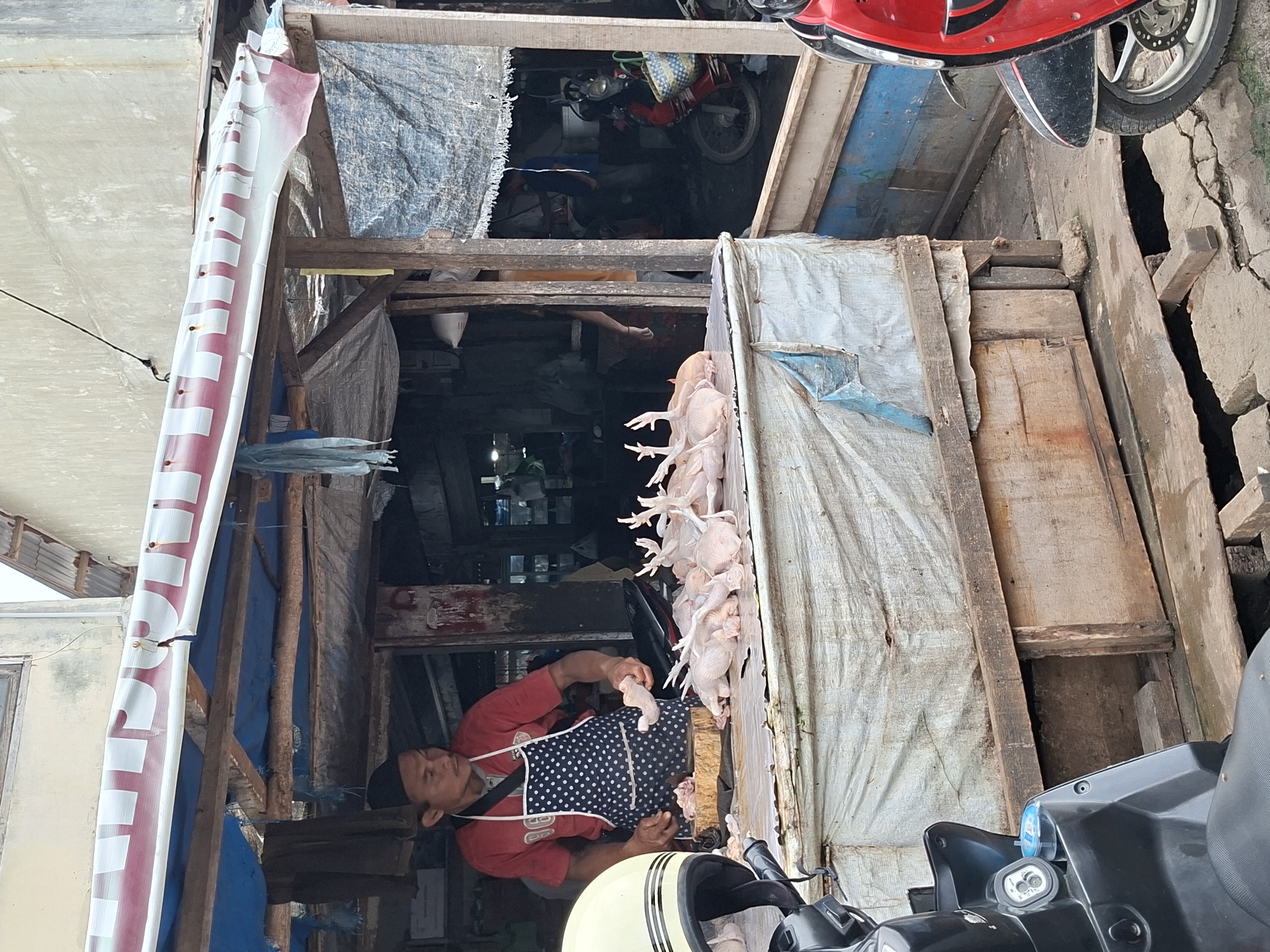 In Lhokseumawe, Indonesia, a man is seen preparing chickens at an outdoor market stall. He is wearing a red t-shirt and a patterned apron. Several whole chickens are laid out on a table covered with a white tarp. The stall is constructed with wood and covered with blue and white tarps. In the foreground, a black motorcycle with a yellow helmet is parked. To the right, the front of a red scooter is visible. The ground is a mixture of concrete and wooden planks, with some visible cracks and water. The scene appears to be in a somewhat rustic outdoor market setting.