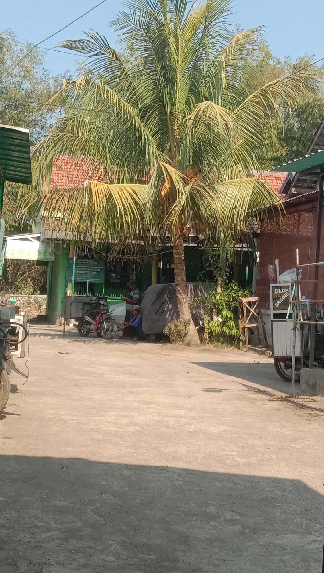 A mid-shot image captures an outdoor scene in Sidogiri, Indonesia, dominated by a tall coconut palm tree providing shade. In the background, a building with a red tiled roof and a green awning is visible, suggesting a commercial establishment or residence. In front of the building, a motorcycle is parked next to a covered object, possibly another vehicle or equipment. Two men are present; one stands by the motorcycle, and the other is seated nearby, appearing to be in conversation. A small cart with a sign that reads "CILOK DAGANG" (which translates to "Street Food Vendor") is positioned to the right, indicating a food stall. The ground is a light-colored concrete surface, casting shadows from the tree and structures, suggesting a sunny day. The environment appears to be a typical street or yard in a populated area.
