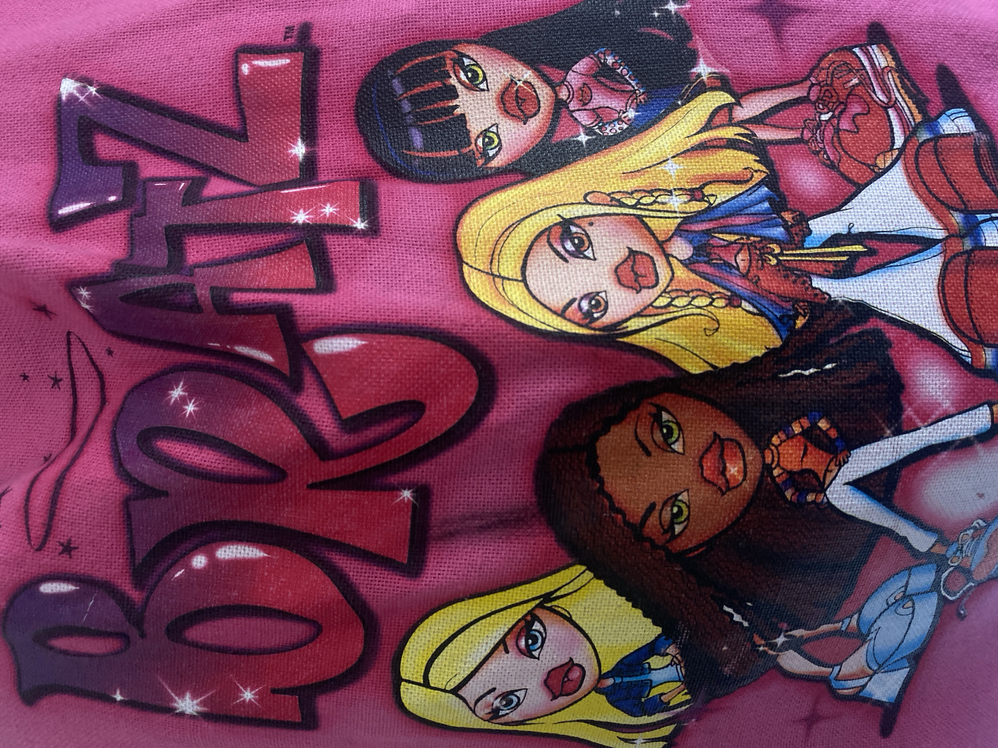 The image depicts a pink fabric surface with a "Bratz" logo in a stylized, gradient-filled font. The logo is partially obscured by four cartoon Bratz characters. These figures are oriented at different angles, with two blondes, one brunette, and one with black hair and bangs. The fabric appears to be printed or dyed with these images. The specific location in Buenos Aires, Argentina is not discernible from the image.