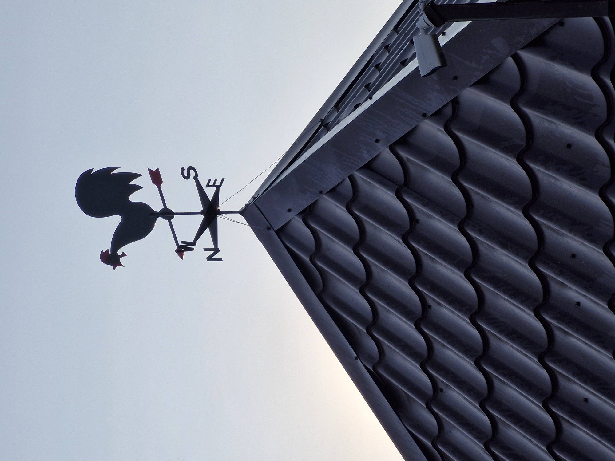 A dark, metallic weathervane in the shape of a rooster sits atop a dark, wavy-patterned metal roof. The rooster is silhouetted against a pale, overcast sky. The weathervane has directional markers for North (N), East (E), South (S), and West (W). The roof is part of a building, likely a house or other structure, and its angled surfaces are visible. In the background, the sky is a uniform light blue-gray, suggesting it is daytime but not particularly sunny. There are no people or other animals visible in the image. A security camera is mounted on the side of the roof. The image was taken in Buzdyak, Russia.