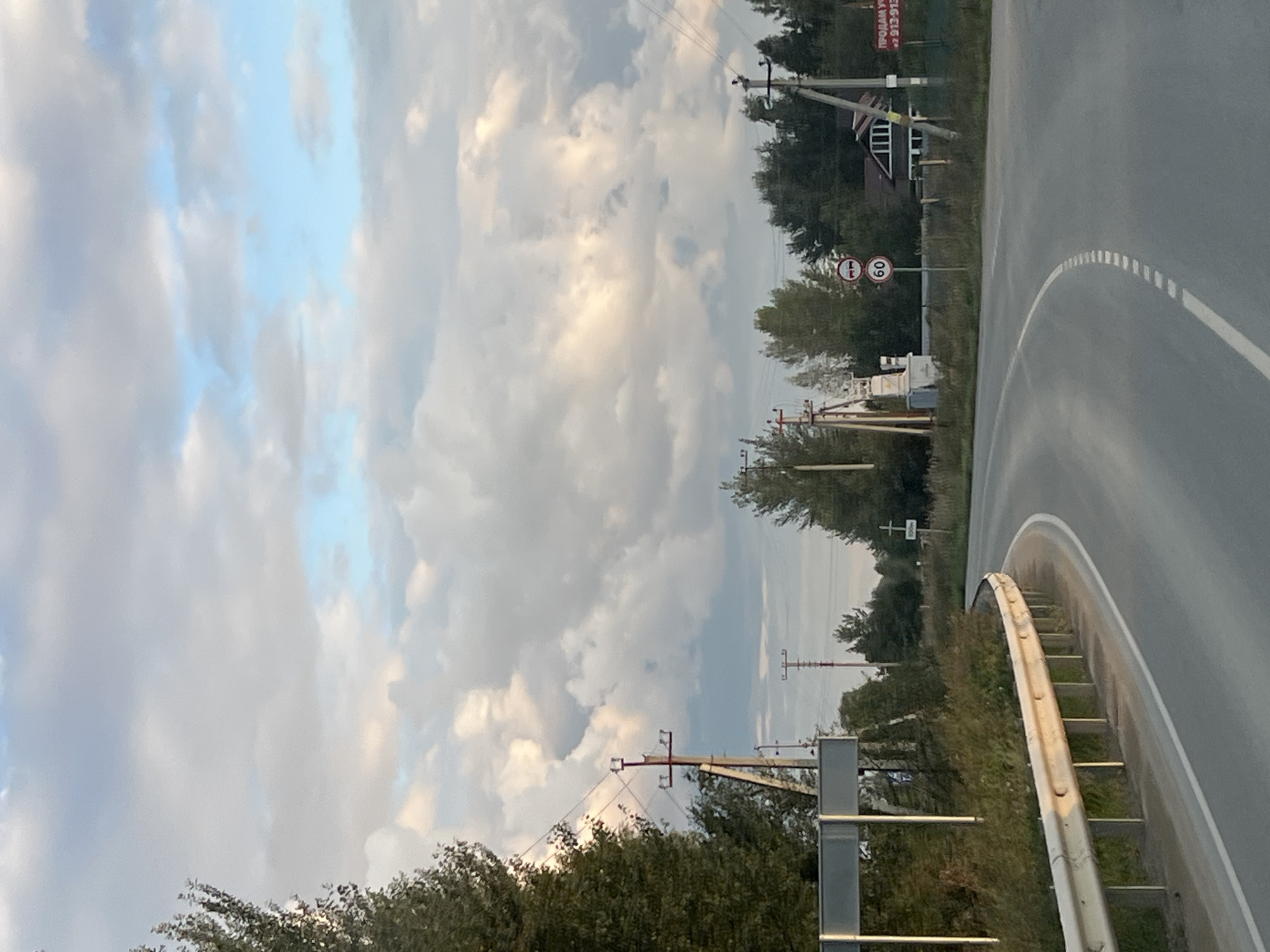The image shows a rural road curving to the right, with a metal guardrail on the left. Power lines and utility poles are visible along the roadside. Trees and dense vegetation line the road, with a few houses and buildings in the distance. The sky is partly cloudy with a mix of gray and blue. A speed limit sign showing "60" is mounted on a pole, along with a sign indicating "PRODAM UCHASTOK" (land for sale). The location is identified as Mochishche, Russia. There are no people visible in the image. The scene appears to be a typical rural road in a wooded area.