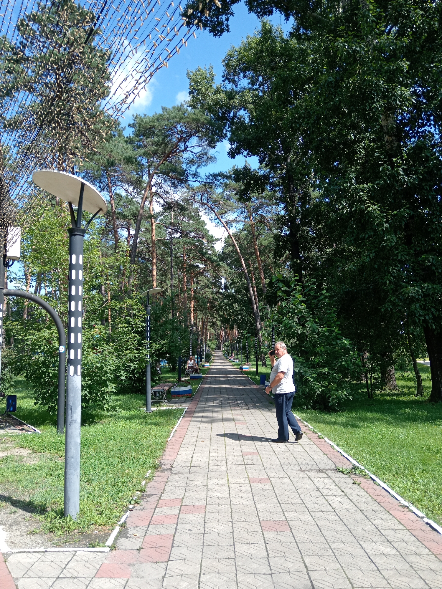 In Belogorsk, Russia, a paved park pathway is lined with trees. The pathway is constructed of interlocking concrete pavers in a diamond pattern with red and grey accents. On the left side of the path, a lamppost with a disc-shaped top and decorative white rectangles is visible. Beyond the lamppost, lush green grass and bushes line the pathway. Further down the path, several park benches are visible, some with planters. On the right side of the pathway, a man wearing a white t-shirt and dark pants is walking away from the camera, holding a dark object in his right hand. He is positioned mid-way down the path. The trees flanking the pathway are tall with dense green foliage and extend upwards towards a bright blue sky with scattered clouds. Decorative string lights are suspended overhead, partially obscuring the sky. The overall scene depicts a well-maintained park area.