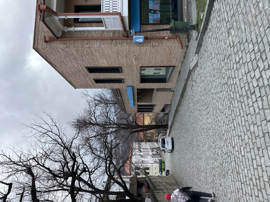 The scene depicts a downhill cobblestone street in Sighnaghi, Georgia, under an overcast sky. A person, viewed from behind, wearing a red hat, a patterned scarf, dark pants, and a dark jacket, walks down the left side of the street. To their left, a stone wall runs alongside the street, with several large, bare deciduous trees and traditional white-walled buildings visible beyond it. On the right, a two-story building constructed of light brown bricks features a white wooden balcony with decorative balusters on the upper floor. A brown downspout runs vertically along the building's right corner. The ground floor displays dark-framed windows and blue signage, including a partially visible "BANK" sign on a lower window and a smaller blue sign with a white triangular logo mounted on the wall near a black lamppost. A green trash bin is situated next to the lamppost. A concrete sidewalk borders the right side of the street. A white minivan travels downhill in the middle distance, followed by a green vehicle and another car further down the street. Hilly terrain with additional buildings and bare trees extends into the background.
