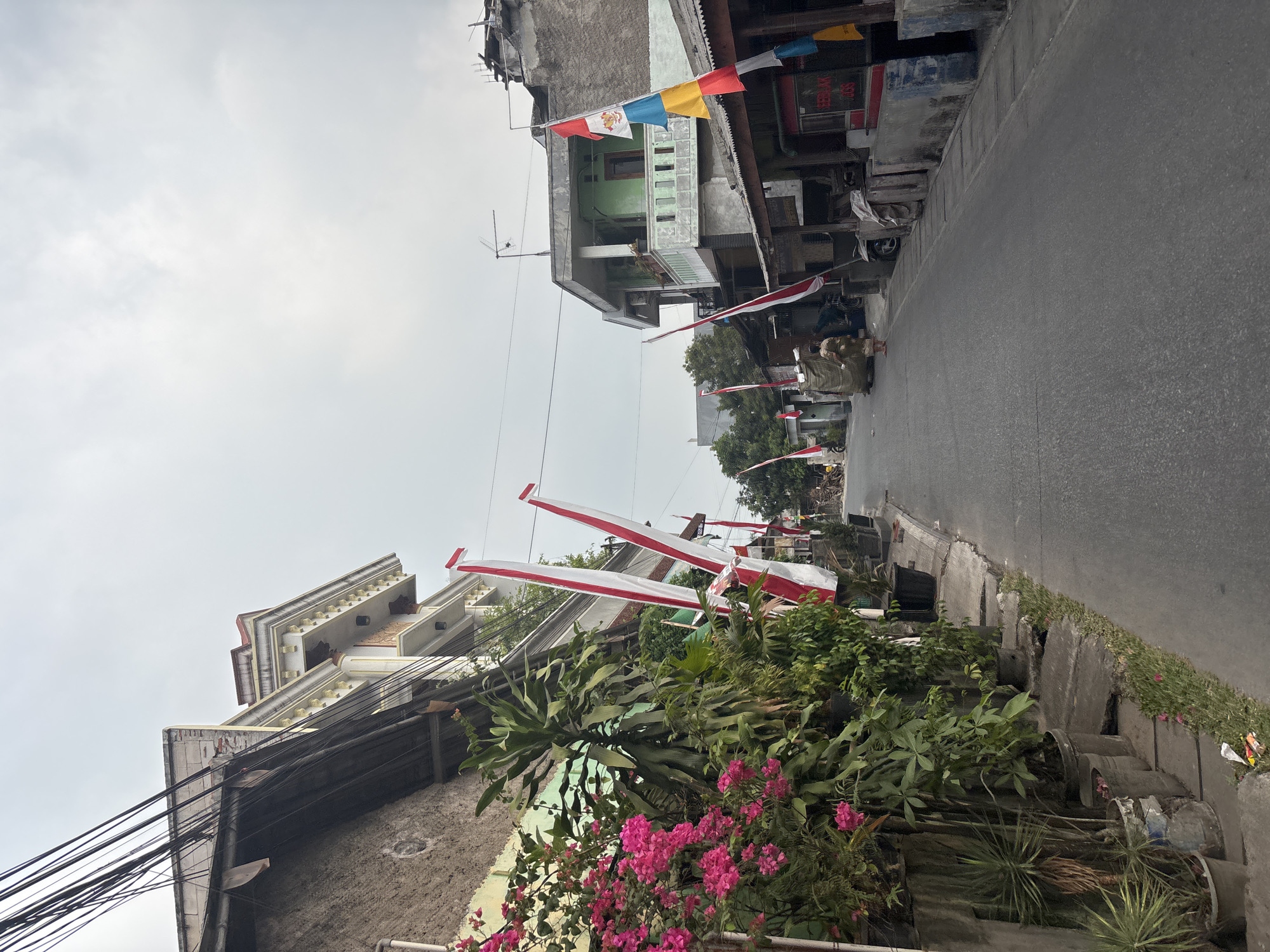 The image shows a street scene in the city of Bekasi, Indonesia, adorned with Indonesian flags. The flags, predominantly red and white, are hung along the street, suggesting a national holiday or celebration. The street is paved and appears to be a residential or mixed-use area, with buildings lining both sides.
On the left side of the street, a building with a textured wall and some exposed brick is visible, with several potted plants, including flowering bougainvillea, placed along its base. Behind the plants, a multi-story building with decorative architectural elements is seen.
The right side of the street features a row of smaller buildings that appear to be shops or residences. These structures have a more rustic appearance, with some of them displaying signage. A few motorcycles are parked along the street.
A person, dressed in what appears to be a patterned garment, is walking away from the camera in the middle of the street, towards the distance. The sky is overcast, indicating a cloudy day. The overall atmosphere of the scene is one of local life and cultural observance within an urban Indonesian setting.