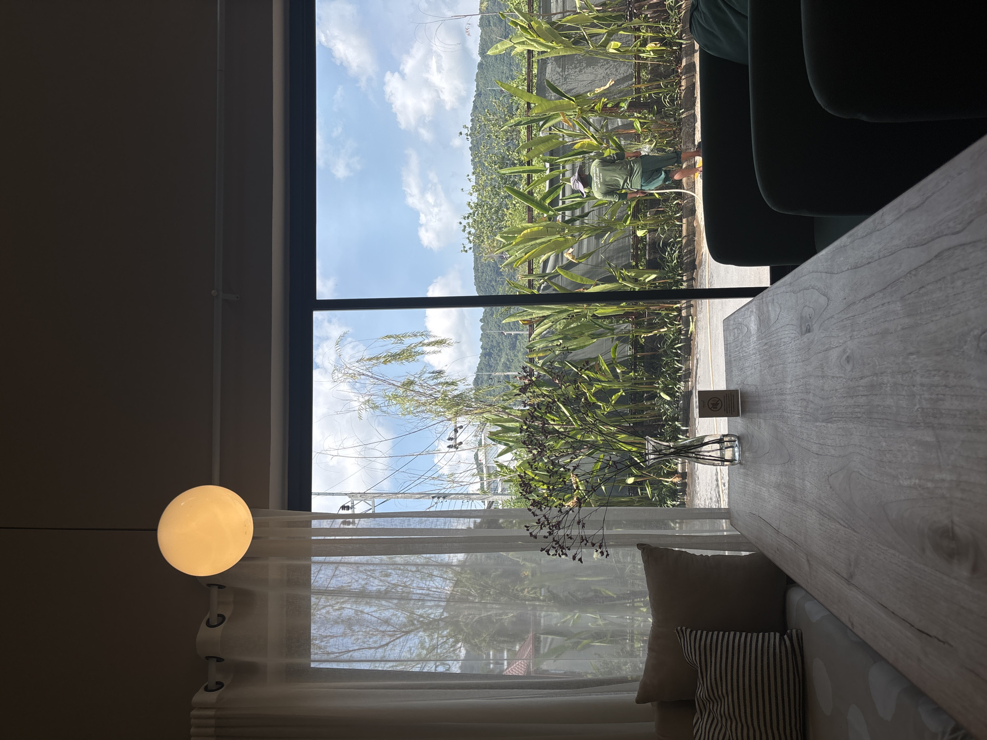 The image displays a serene daytime scene, captured from inside a building looking out through a large window, likely in a cafe or a home in Choeng Thale, Thailand.
The indoor setting features a light-colored wooden table prominently on the right. On the table, a clear glass vase holds a minimalist arrangement of dried branches. Behind the table, part of a dark green upholstered seating area is visible. In the lower left corner, two pillows – one plain beige and one striped beige and dark grey – rest on a bench or sofa. A spherical light fixture, emitting a warm yellow glow, hangs in the upper left. Sheer white curtains partially cover the lower section of the window, and a white conduit runs vertically on the adjacent wall.
Outdoors, a lush garden dominates the view, filled with abundant broad-leafed green plants, possibly banana plants or similar tropical foliage. A person, seen from behind wearing a green t-shirt, green pants, and a hat, is actively watering the plants with a white hose. Behind the garden, a dark mesh fence or barrier is present. In the distance, a large, tree-covered mountain range stretches across the horizon under a clear blue sky with scattered white clouds. Faint utility poles and wires are also visible through the lower window.
The bright daylight indicates a time between mid-day and early afternoon, suggesting sunny weather. The scene conveys a peaceful and natural ambiance. On the table, near the vase, there is a small rectangular card or sign with an indistinct logo, which appears to have two interlocked circles or possibly the letters "G&G".