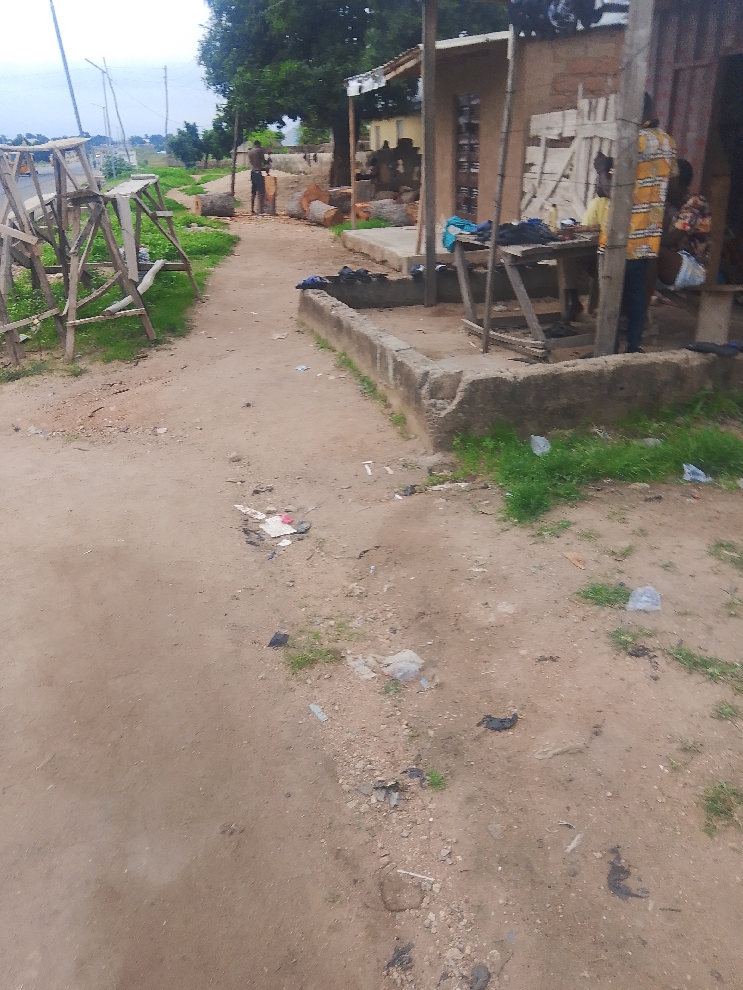 The image depicts an outdoor scene in Jalingo, Nigeria. In the background, a person is visible standing near several large logs of wood, appearing to be engaged in some form of woodworking or processing. A simple wooden structure, possibly a workshop or stall, is also present with people inside. Various objects, including what looks like furniture, fabric, and debris, are scattered around the area.
In the foreground and mid-ground, the scene is dominated by a dirt path and a grassy area. There is a significant amount of scattered debris on the ground, including plastic bags and other refuse, indicating a lack of sanitation. Wooden saw horses or supports are visible on the left side of the image, suggesting ongoing work or storage of materials.
The overall setting appears to be a somewhat rustic and informal commercial or residential area, likely on the outskirts of a town. The lighting suggests it is daytime, with an overcast sky. The presence of logs, tools, and people working implies an ongoing activity related to woodworking or carpentry. No visible text is present in the image. The scene conveys a sense of everyday life and work in this particular location in Nigeria.