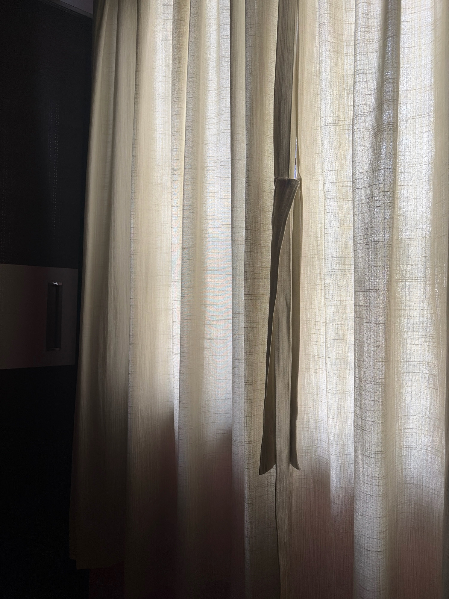 A close-up, vertical shot captures light filtering through sheer, beige curtains that hang in vertical pleats. A thin, darker fabric tie, also in a vertical orientation, drapes across the front of the curtains. To the left, a dark, textured wall is visible, with a rectangular, metallic object embedded in it. The overall impression is of an interior space, likely a room. There are no people or animals present. The lighting suggests daytime, with a diffused light source behind the curtains. This image is from a hotel room in Mysuru, India, specifically the Radisson Blu Plaza Hotel.