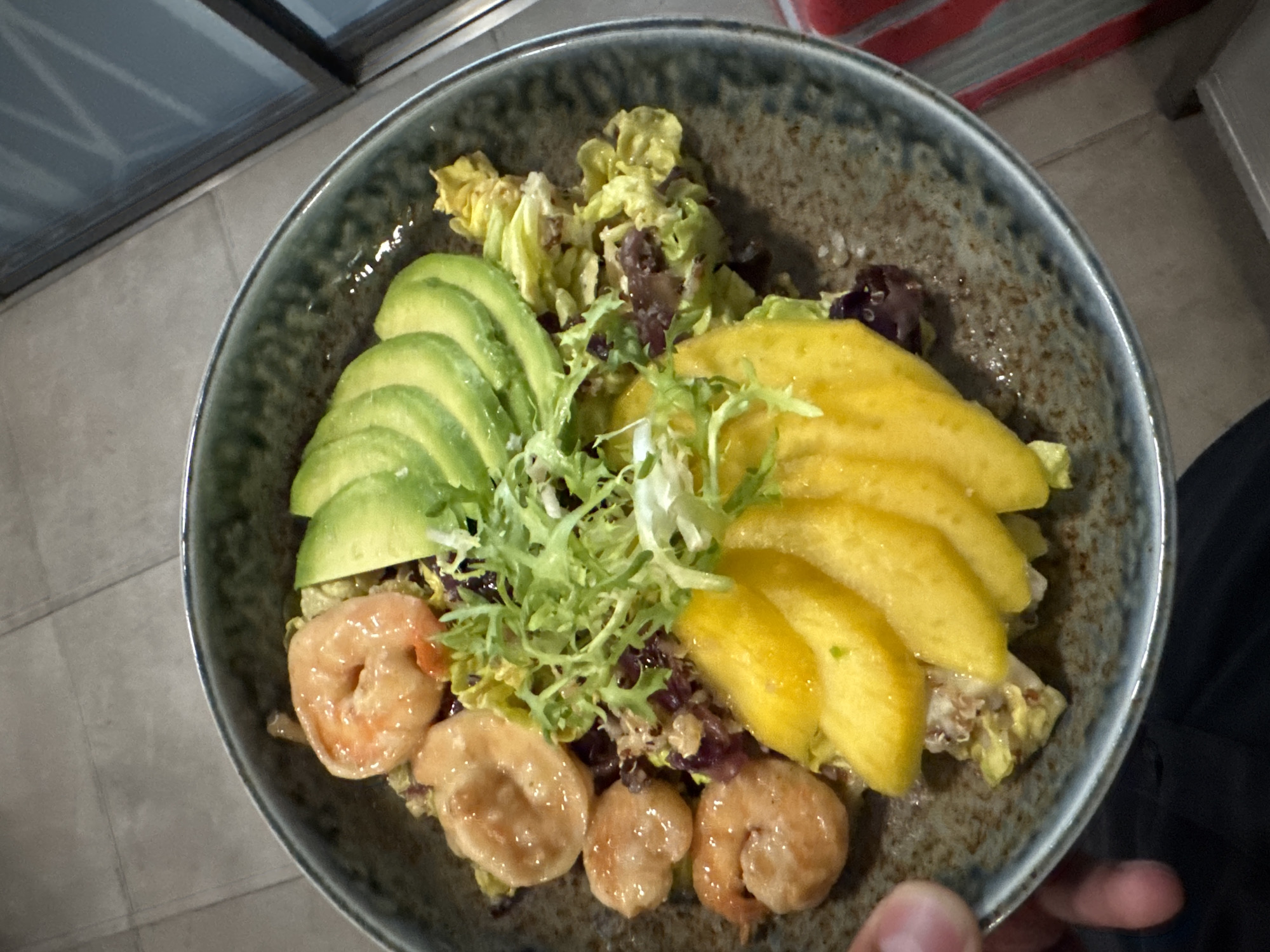 A close-up, overhead shot shows a bowl of food. The bowl is dark grey with a blue rim and is filled with a salad. On the left side of the bowl, there are five cooked shrimp arranged in a semi-circle. The shrimp are pink and appear to be glazed. In the center of the bowl, there is a pile of frisée lettuce. To the right of the lettuce, there are several slices of avocado, fanned out. Below the lettuce and avocado, there are slices of mango, also fanned out, and some scattered red cabbage and green lettuce. The food is presented in a dark, speckled bowl, which is placed on a tiled floor. A hand is visible on the lower left side of the image, holding the rim of the bowl. The background shows a neutral tiled floor and a corner of a window with a reflection. The scene appears to be indoors.
