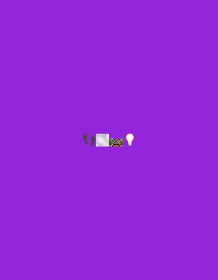 The image contains a sequence of four emojis arranged horizontally against a solid purple background. From left to right, the emojis depict: a pair of footprints, a cloud, a railroad track, and a lit lightbulb. No specific location in Sergeevo, Russia, is depicted or suggested by the image.