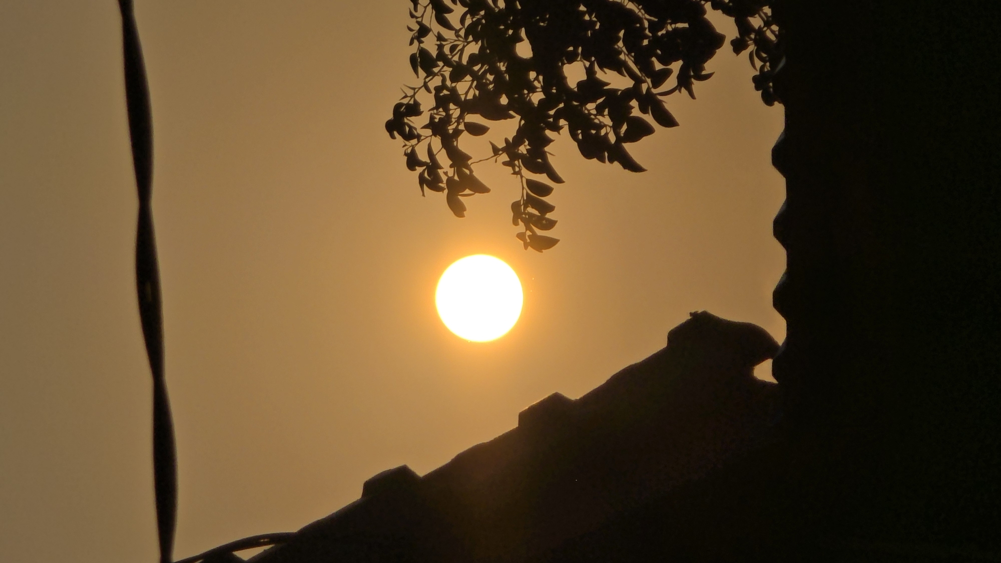 A low-angle shot depicts a bright, hazy sun positioned centrally in the frame. Silhouetted foliage hangs from the top center of the frame. A dark, jagged roofline occupies the lower right and center of the frame. A slender, dark object, possibly a wire, appears on the left side. The sky exhibits a muted orange-yellow hue, indicative of sunrise or sunset. No people are visible. The location is suggested to be Bac Natural Heritage Area Trang, Vietnam.